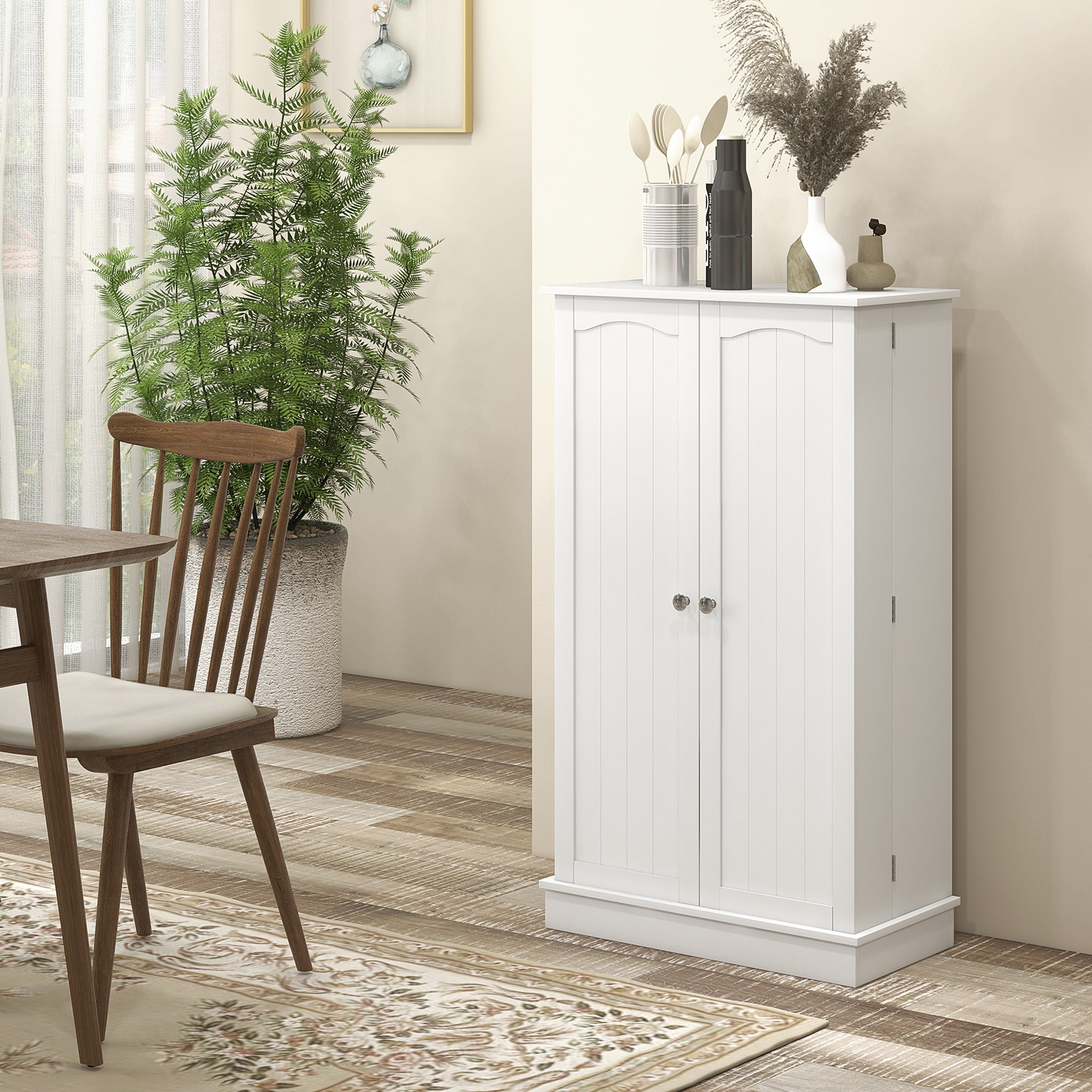 Freestanding Kitchen Pantry Cabinet, Kitchen Sideboard Cabinet with 12 Door Shelves, Double Doors, 5-tier Shelving, Paper White