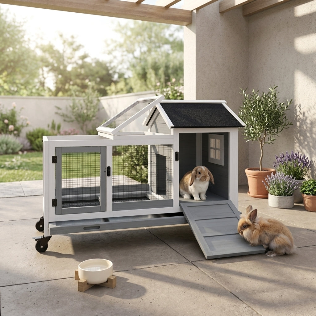 Wooden Rabbit Hutch with Wheels, Run, Slide-out Tray for Small Animals, Guinea Pig, Blue