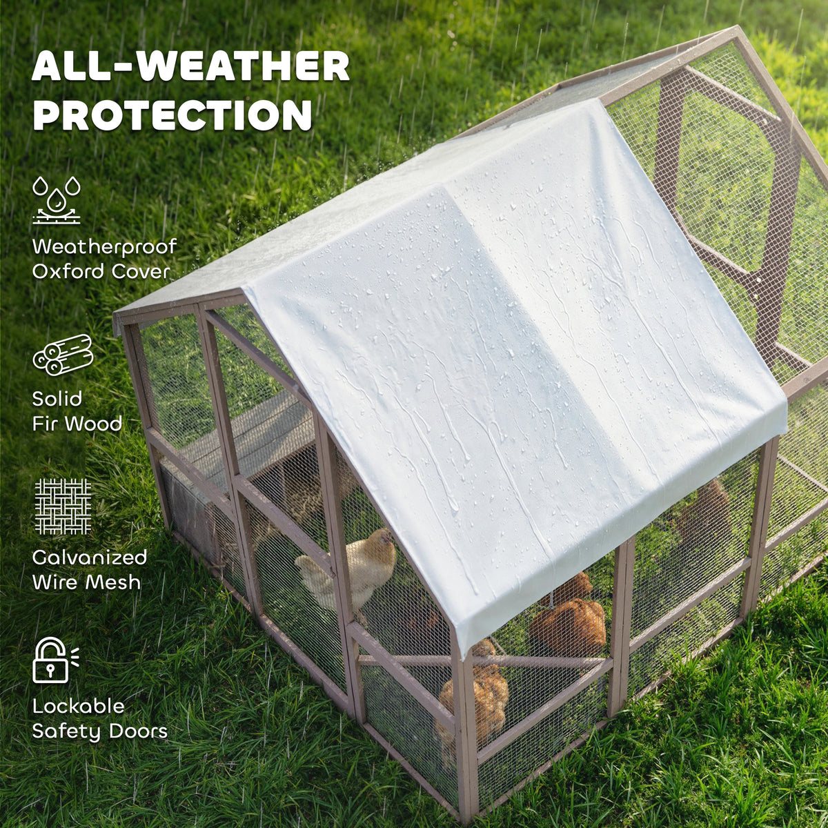 Large Wooden Chicken Coop for 8-10 Hens, Walk-in Chicken Run with Waterproof Cover, Nesting Boxes and Perches