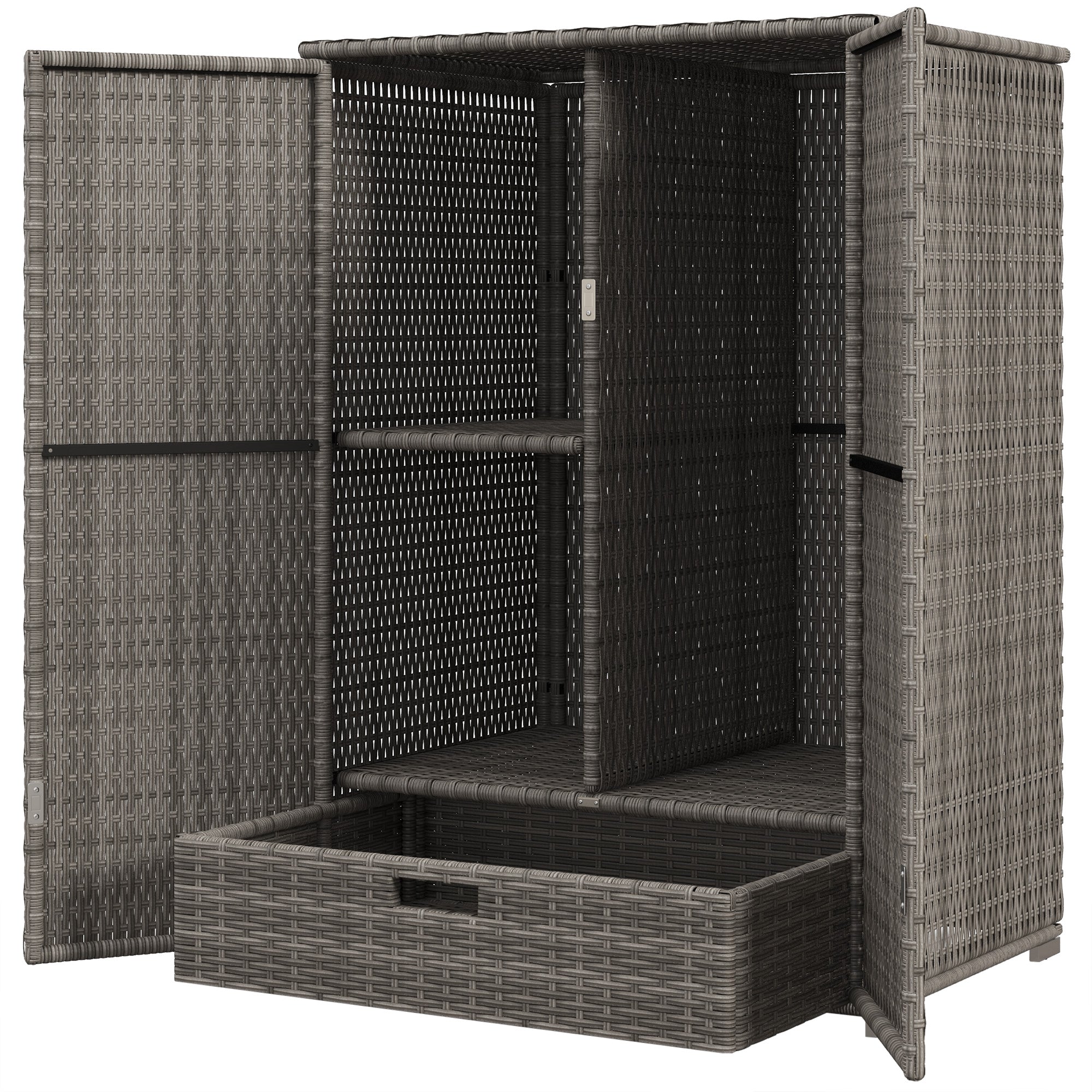 Outdoor Storage Cabinet with Shelves, Rattan Pool Towel Storage Cabinet with Removable Shelf & Drawer, Dark Gray