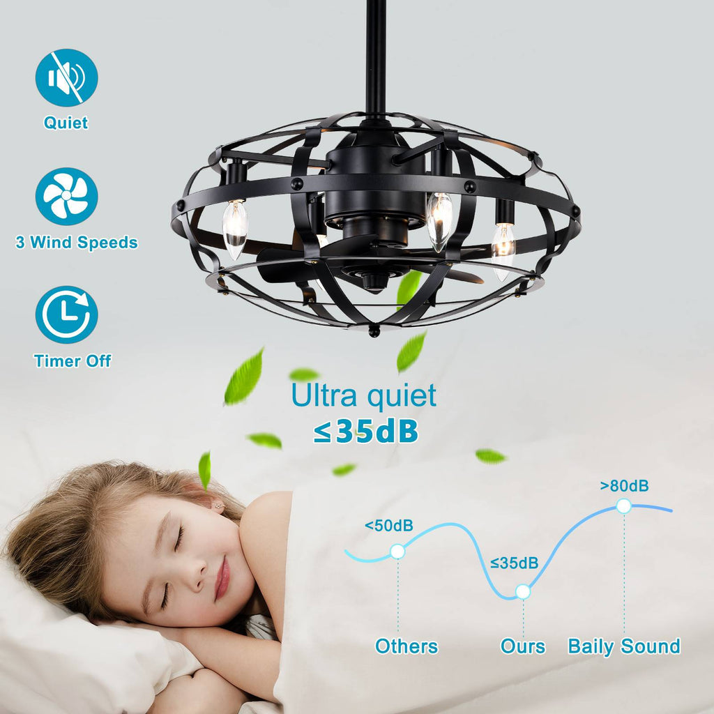 Industrial Bladeless Ceiling Fan with Lights, 18" Caged Design, Reversible Motor, Remote Control, Downrod Mount, E12 Standard Base, Matte Black