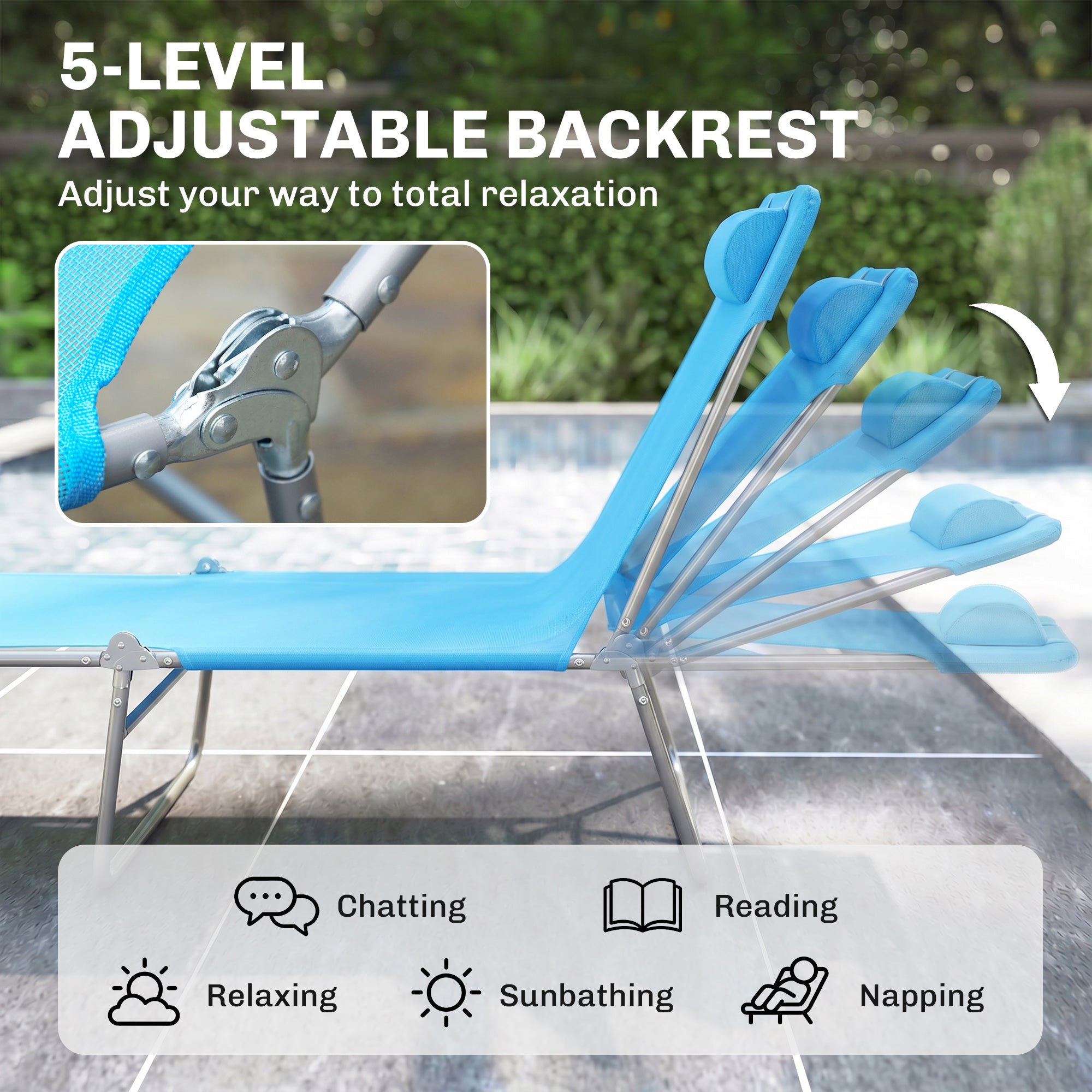 Folding Chaise Lounge Pool Chairs, Outdoor Sun Tanning Chairs with Pillow, Reclining Back, Steel Frame & Breathable Mesh for Beach, Yard, Patio, Blue
