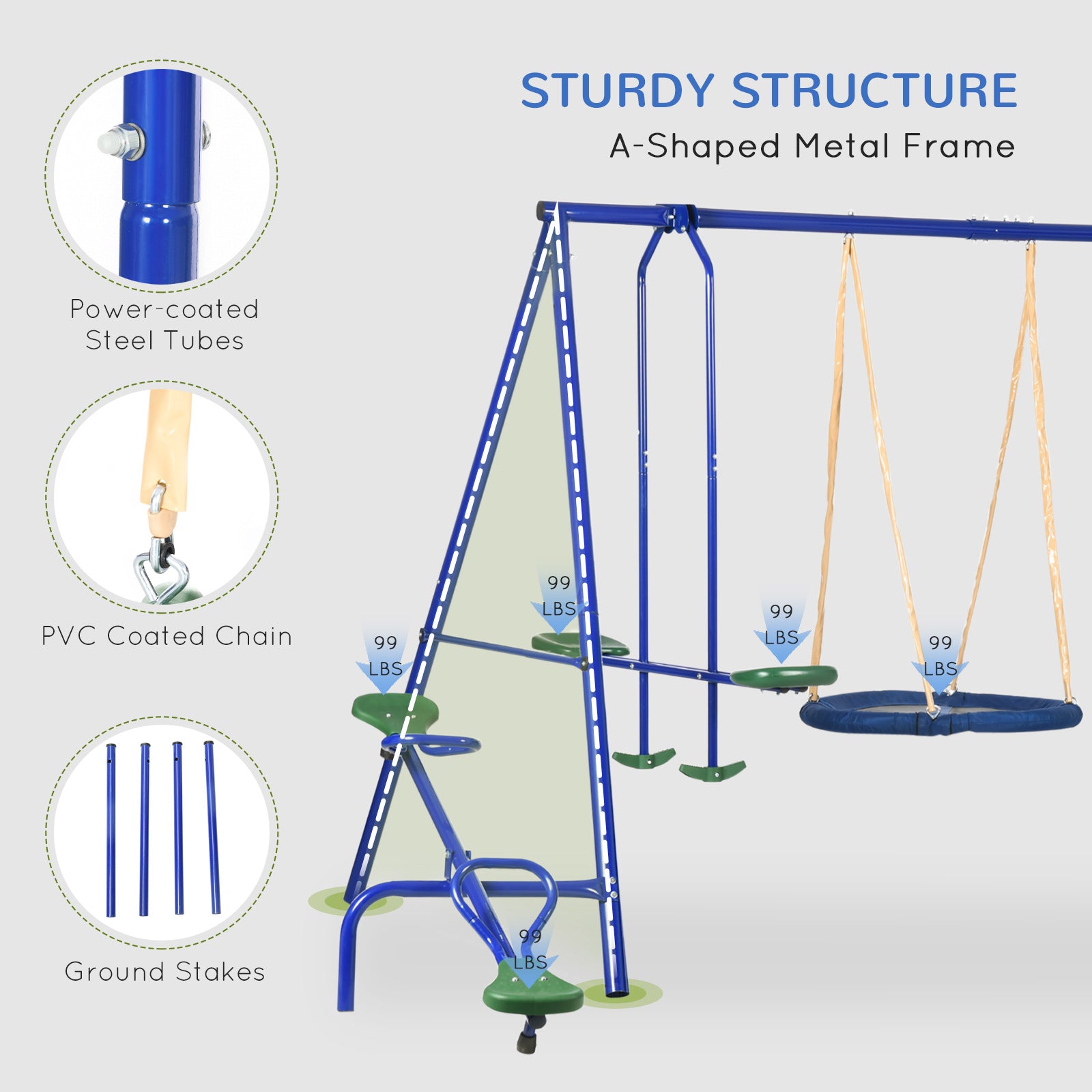 693 lbs Metal Swing Set for Kids, 5 in 1 Outdoor Playset with Heavy Duty A-Frame Stand, 29.5" Saucer Swing, Slide, Teeter-Totter, Glider, for Backyard, Blue