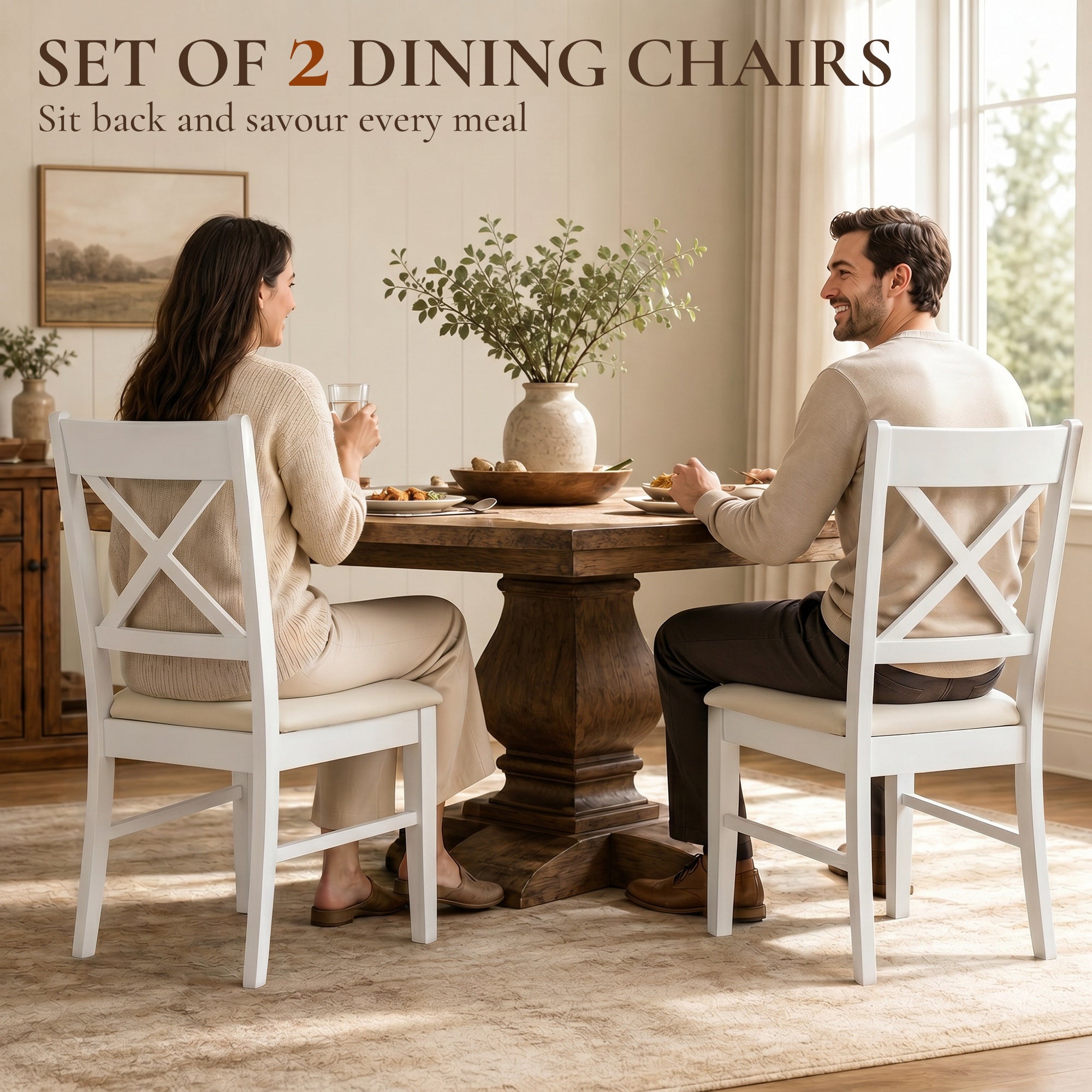 Dining Chairs Set of 2, Upholstered Kitchen Chairs with Rubberwood Frame, Padded Seat and X-Back, White
