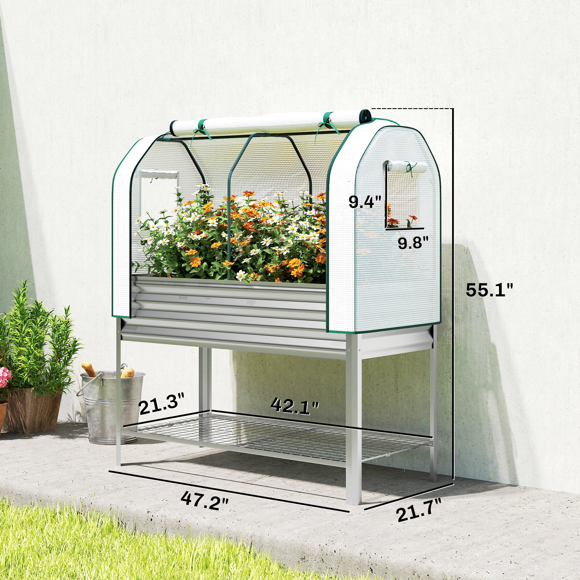 Galvanised Raised Garden Bed with Greenhouse Cover, Metal Elevated Garden Bed with Bed Liner, Bottom Shelf, Silver