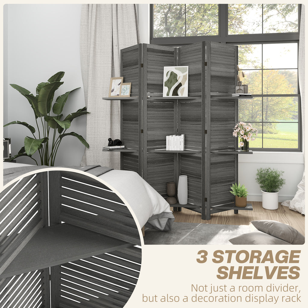 4 Panel 67" Tall Wood Privacy Screen Room Divider with 3 Shelves and Folding Storage for Bedroom, Gray