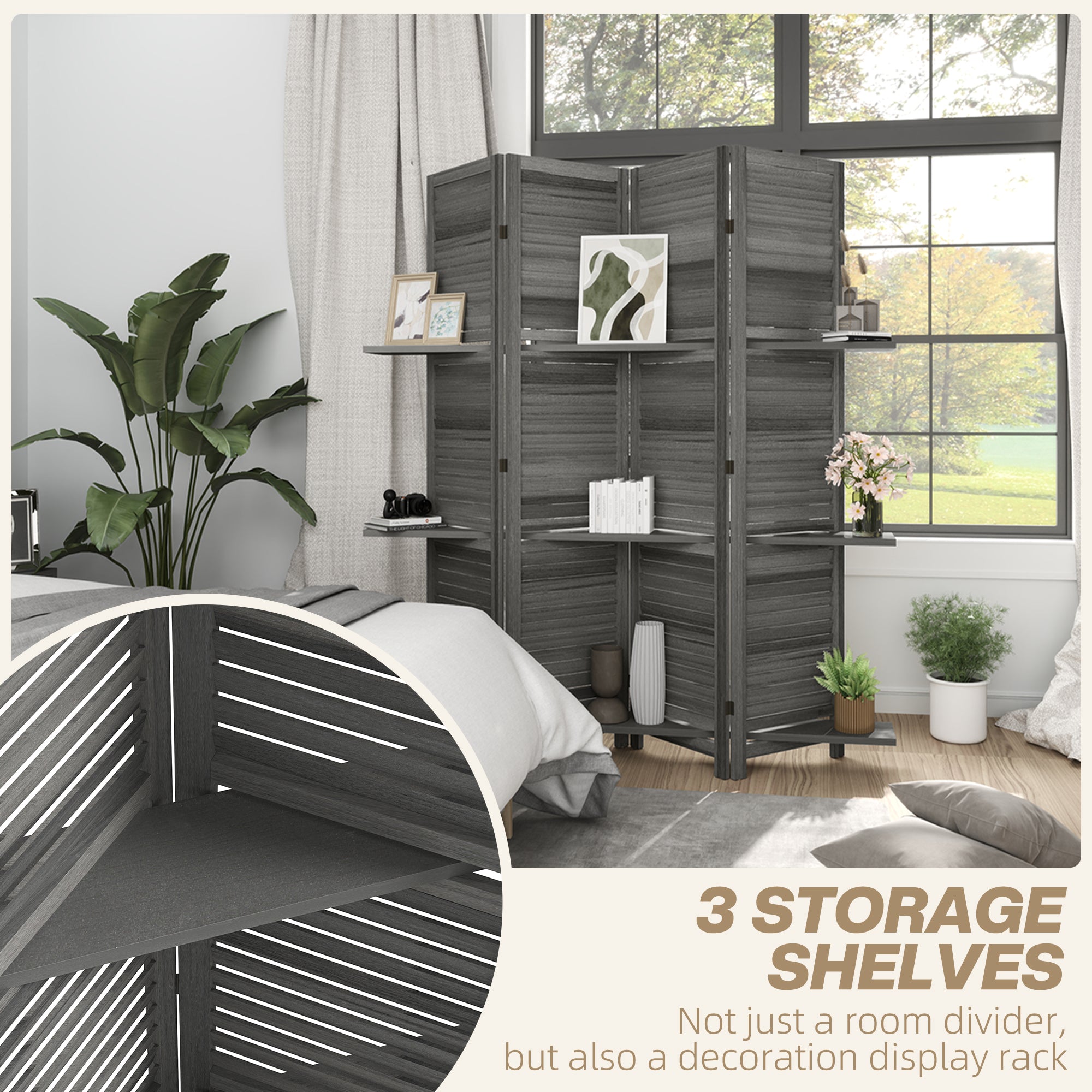 4 Panel 67" Tall Wood Privacy Screen Room Divider with 3 Shelves and Folding Storage for Bedroom, Gray