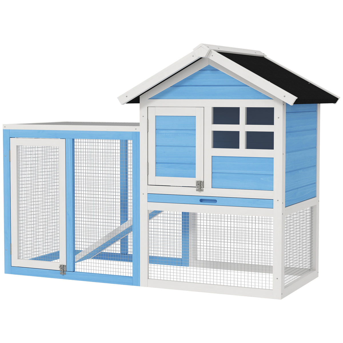 49" Wooden Rabbit Hutch Bunny Cage with Waterproof Asphalt Roof, Fun Outdoor Run, Removable Tray and Ramp, for Rabbits, Chickens, Ducks, Light Blue