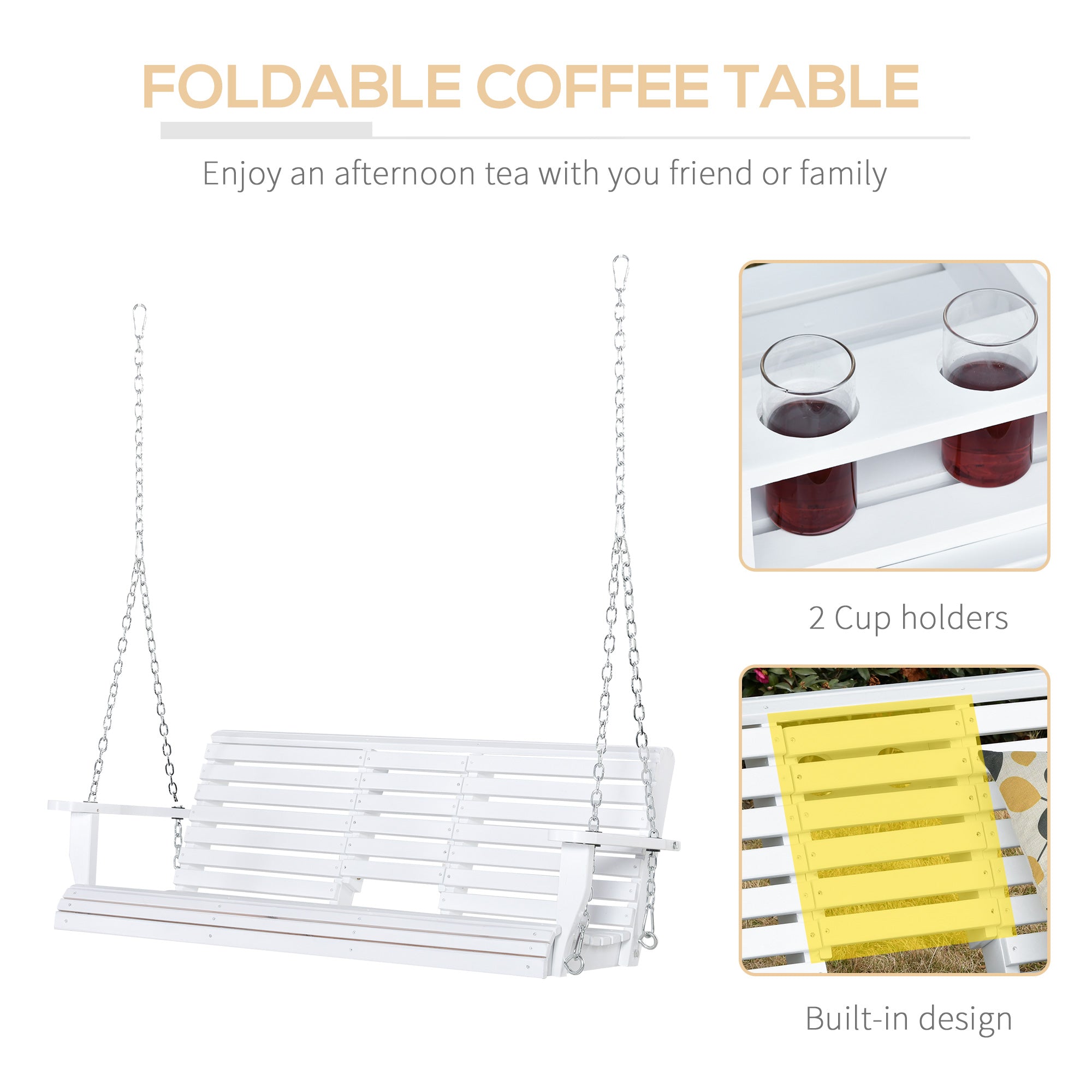 3-Seater Wooden Porch Swing, Patio Swing Bench with Folding Coffee Table, Cup Holders and Chains Included, 440lbs Weight Capacity, White