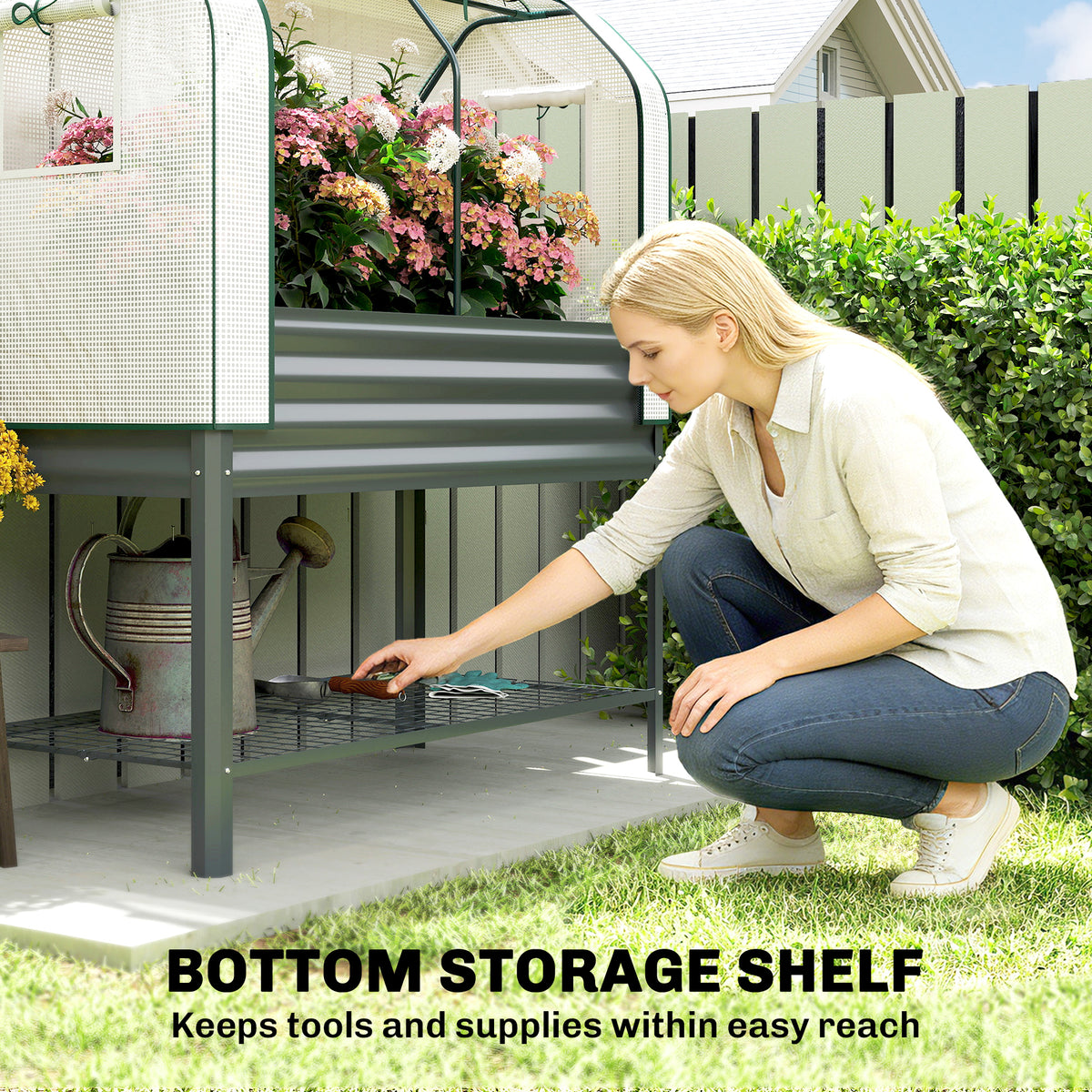 Galvanised Raised Garden Bed with Greenhouse Cover, Metal Elevated Garden Bed with Bed Liner, Bottom Shelf, Dark Gray
