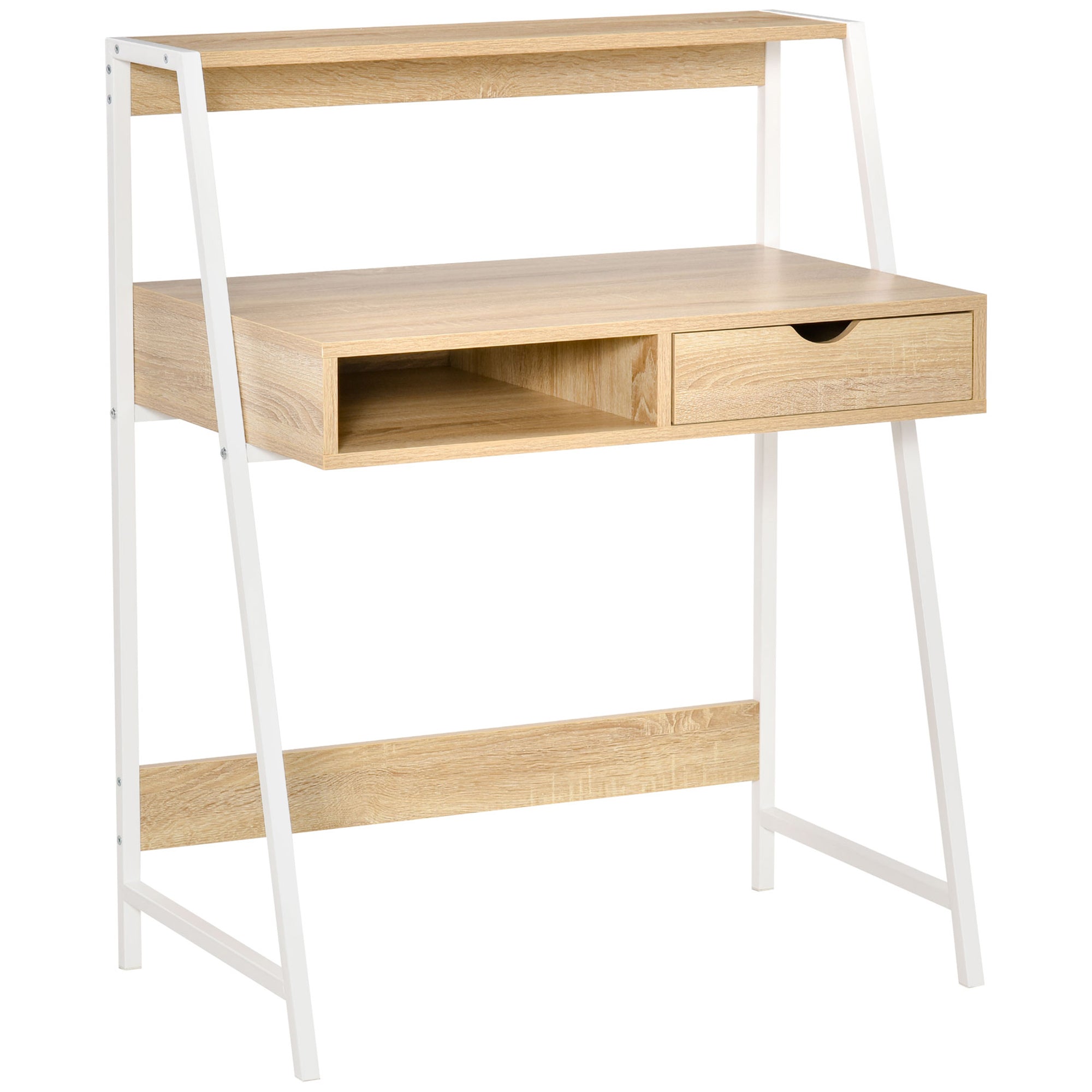 Home Office desk, Computer Desk for Small Spaces, Study Table with Drawer and Storage Shelves, Natural