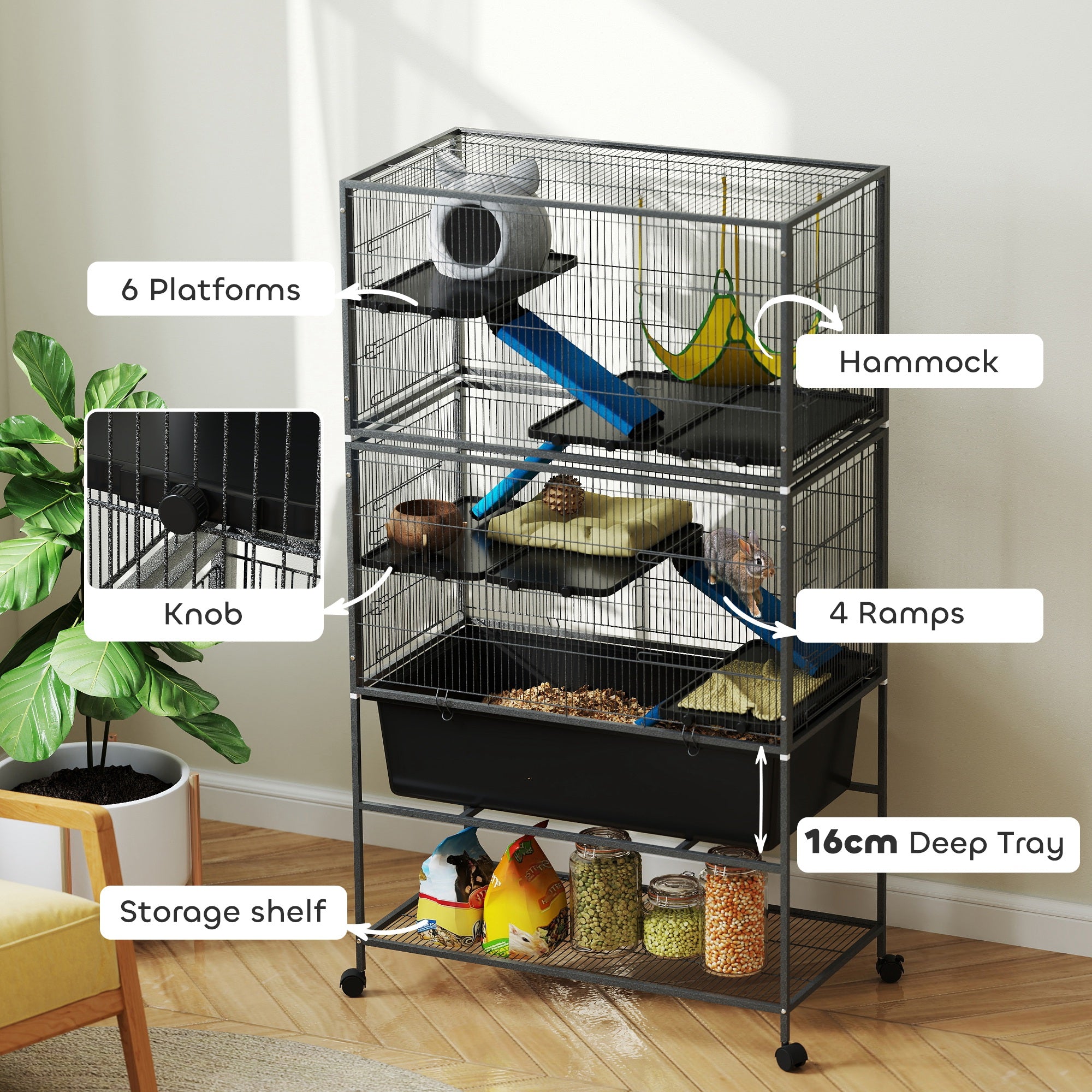 59" 5-Level Small Animal Cage, Rolling Ferret Cage with 6.3" Deep Tray, Non-Slip Cloth Covered Ramps, Hammock, Dark Gray