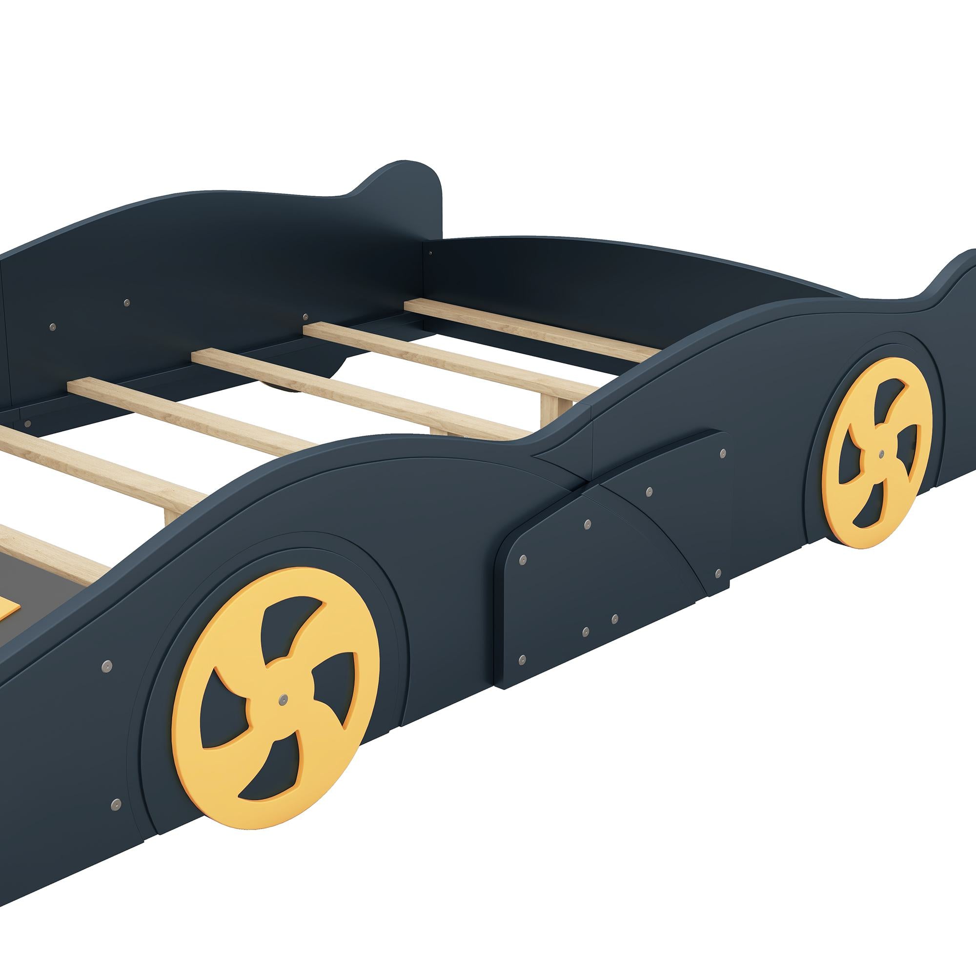 Full Size Race Car-Shaped Platform Bed with Wheels and Storage, Solid Wood and MDF, 90.5" L x 55" W x 15.5" H, Dark Blue