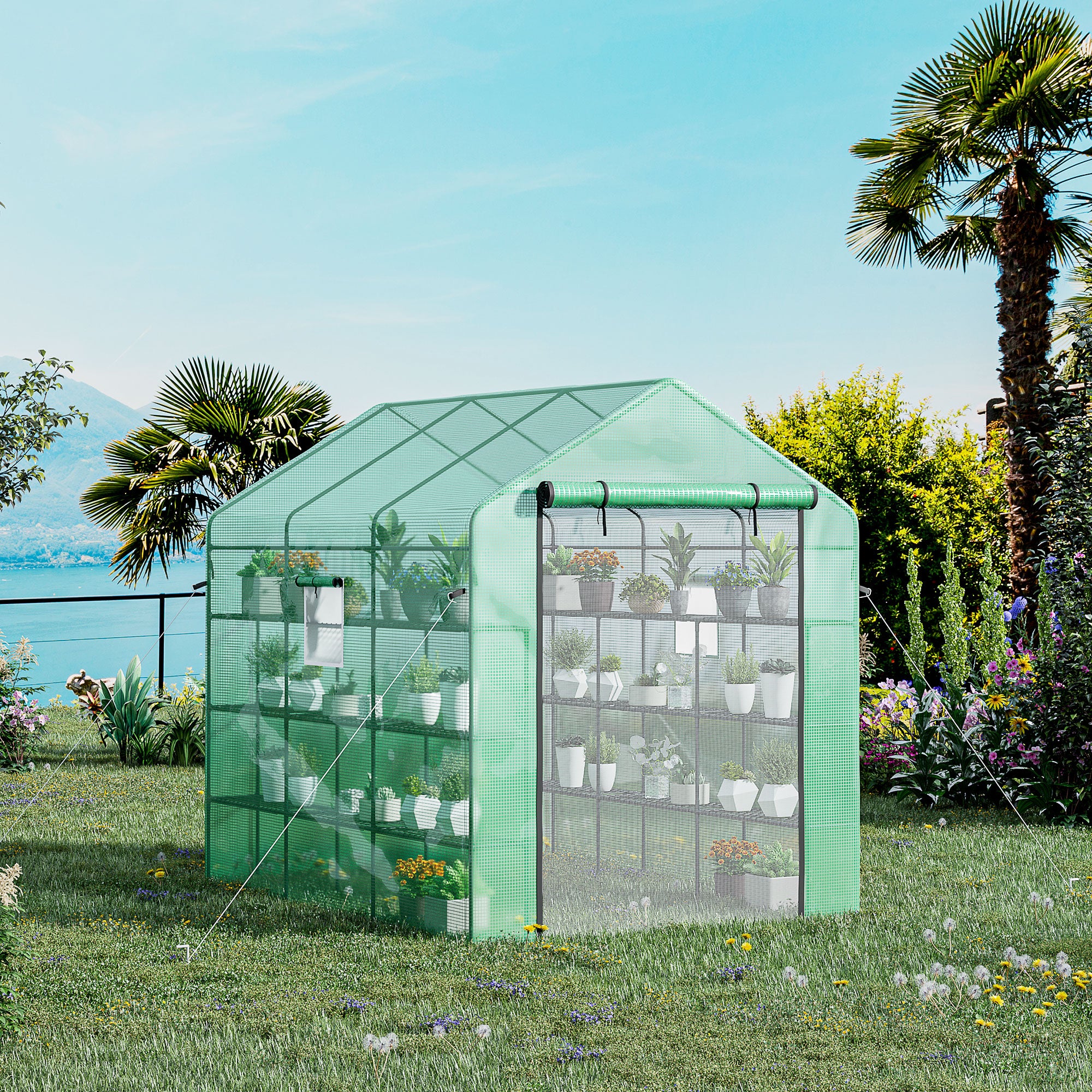8' x 6' x 7' Temporary Greenhouse for Growing Flowers with Mesh Door & Windows Green