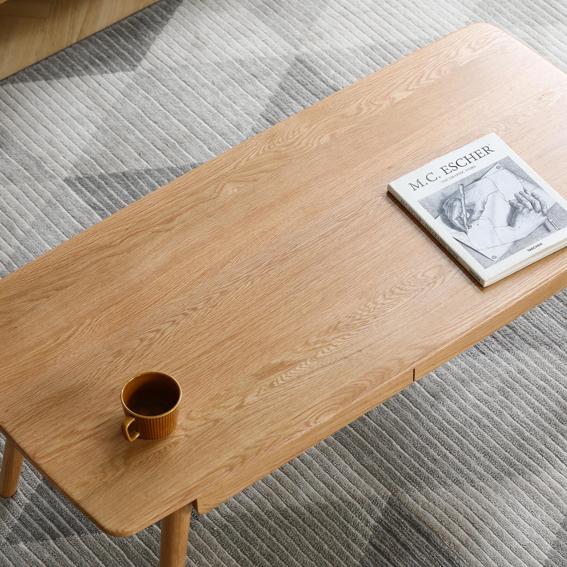 Solid Oak Coffee Table with 2-Drawer Storage and Open Shelf, Multi-Use Low Writing Desk for Modern Homes, 47″ L x 22″ W x 17.5″ H, Oak