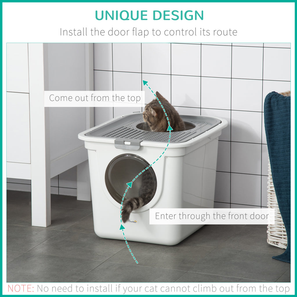 Covered Cat Litter Box, Easy Cleaning Kitty Litter Box with Front Entrance, Top Exit, Scoop, for Odor Control, White