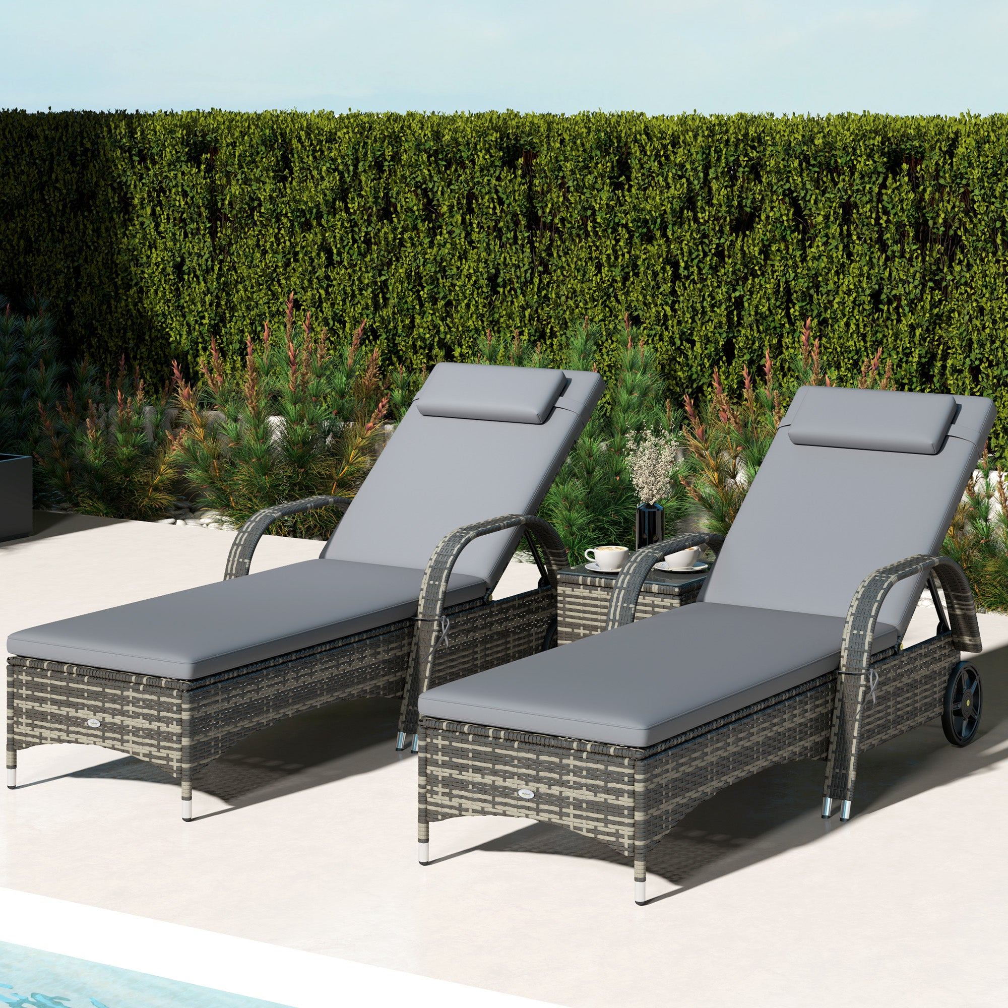 Patio Wicker Chaise Lounge Chair Set of 2 with Table, Adjustable Backrest, Wheels, Cushion & Headrest, Gray