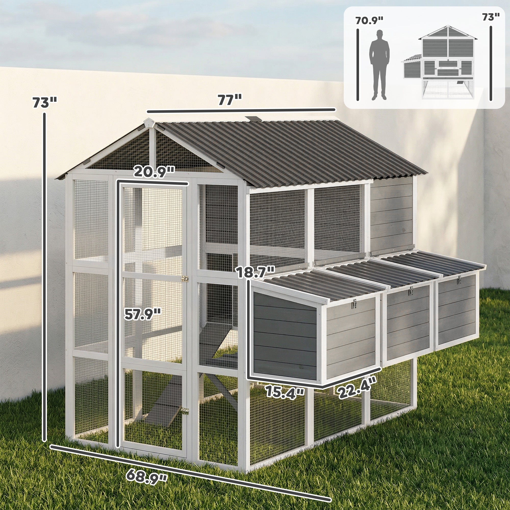 77" Large Chicken Coop for 6-8 Chickens, Outdoor Wooden Hen House Poultry Cage with Run, Nesting Boxes, Waterproof Roof