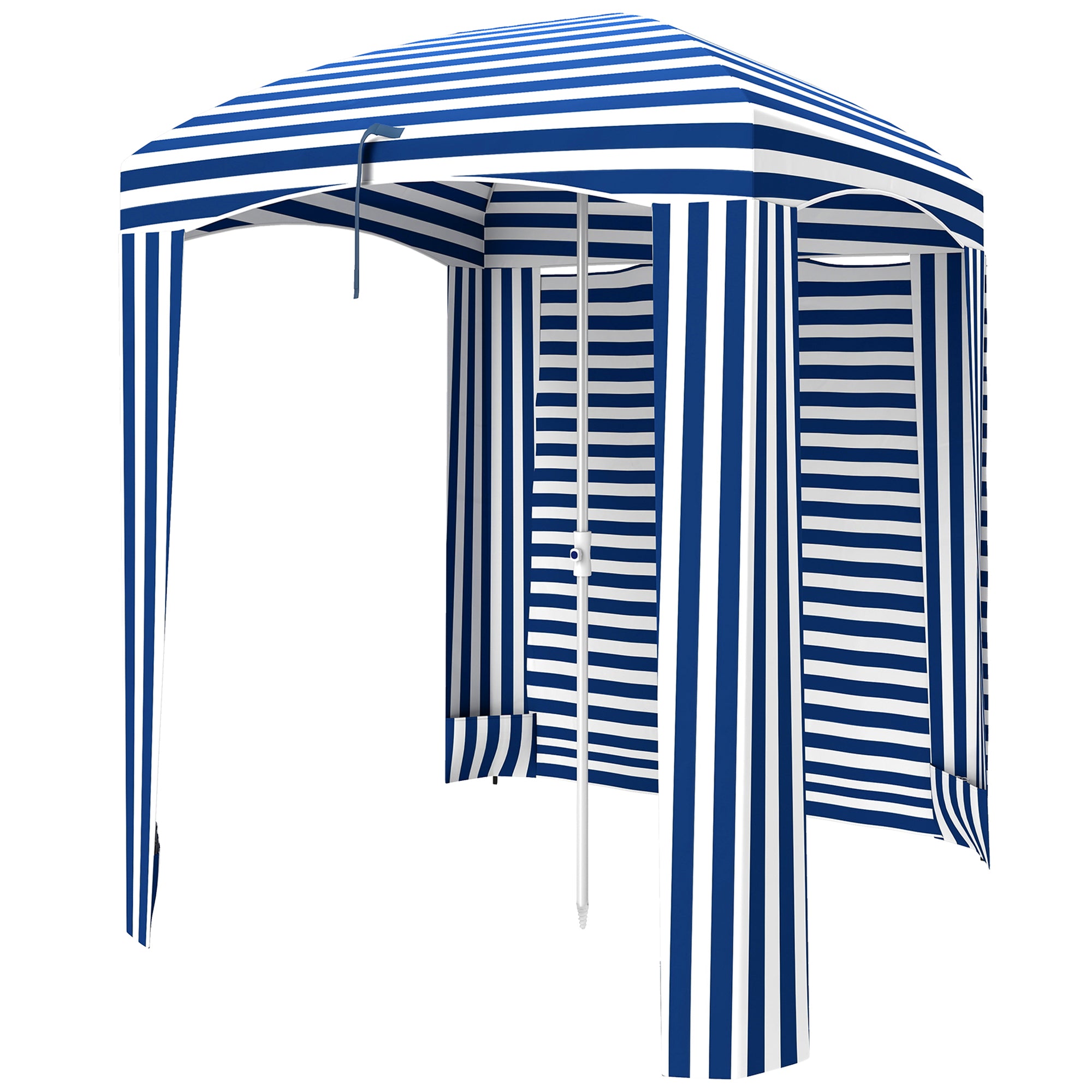 5.8' x 5.8' Cabana Umbrella with Walls, Vents, Ruffles, Carry Bag, Beach Umbrella, Blue White Stripe