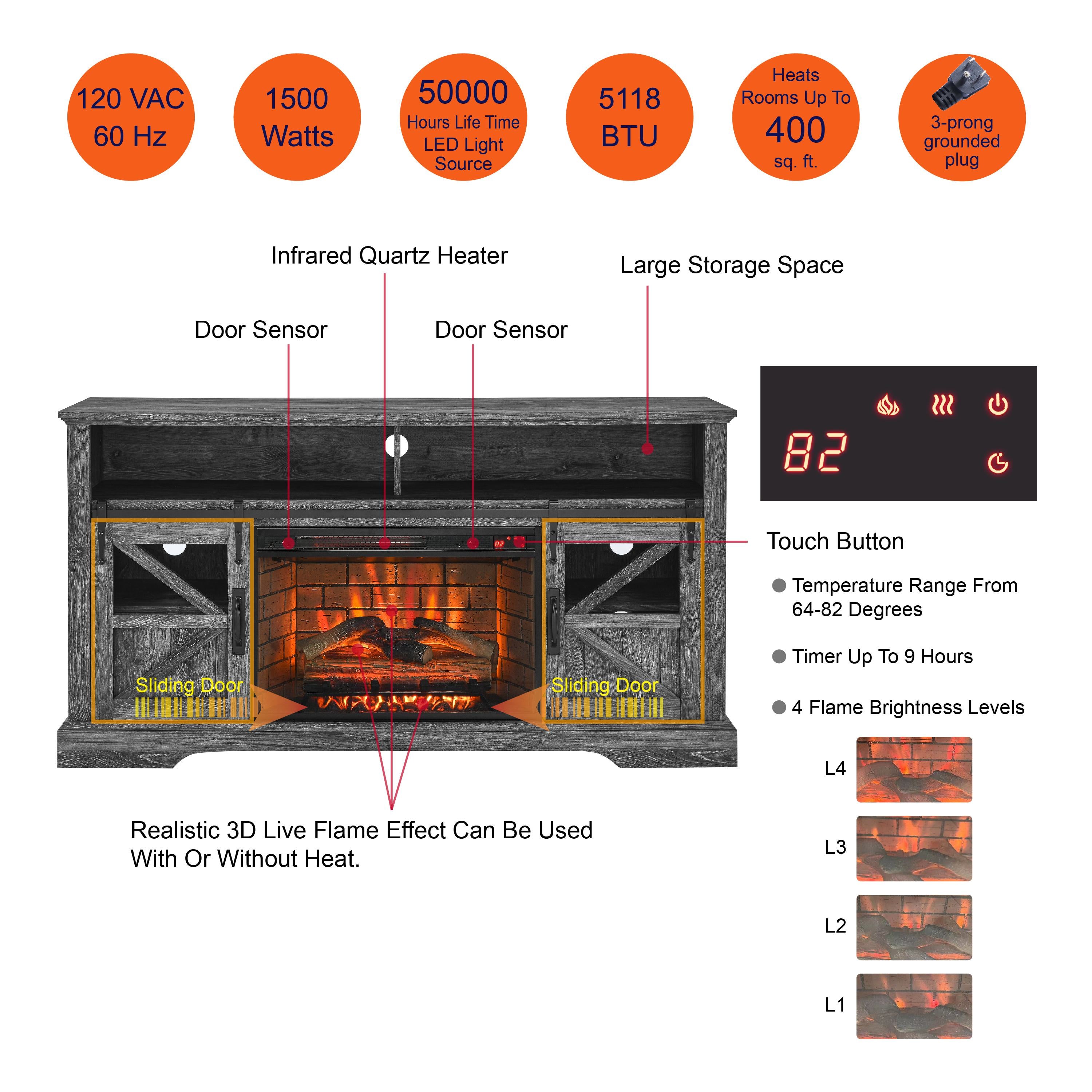 60" Electric Fireplace Entertainment Center with Door Sensor, Adjustable Shelves, Remote Control, 60" L x 16" W x 32" H, Dark Oak