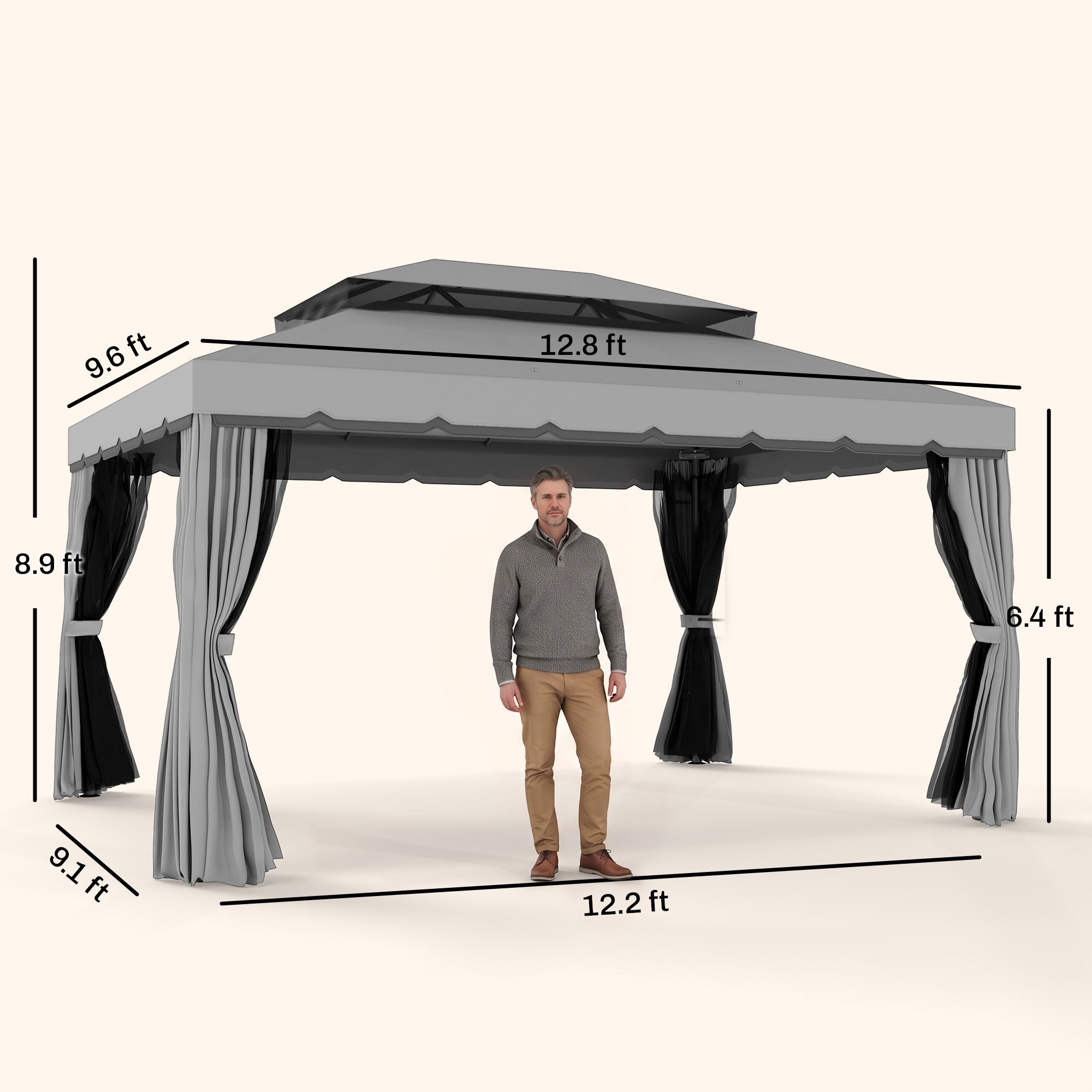 10' x 13' Patio Gazebo w/ Aluminum Frame Double Roof, Outdoor Gazebo Canopy Shelter with Netting & Curtains, Gray