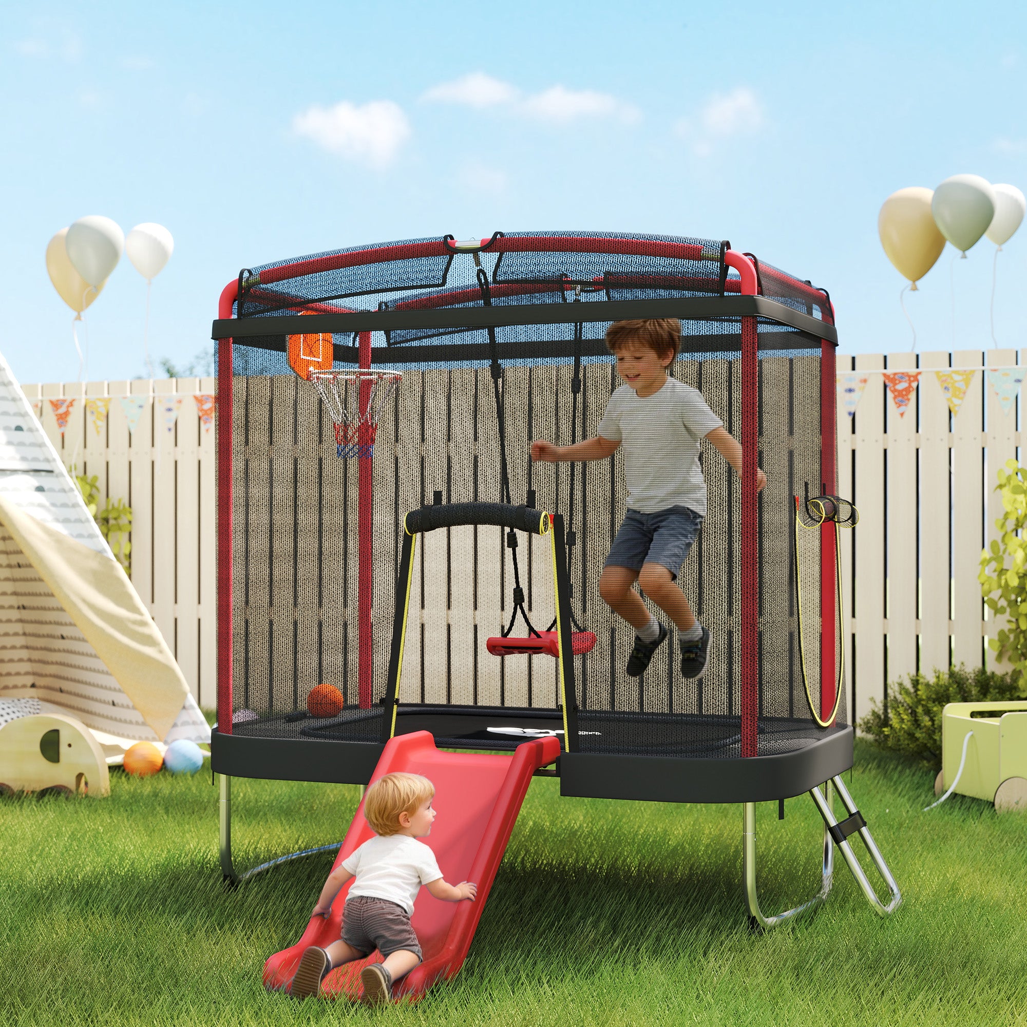 4 x 6FT Trampoline for Kids Indoor & Outdoor with Slide, Swing, Basketball Hoop and Safety Enclosure, Red