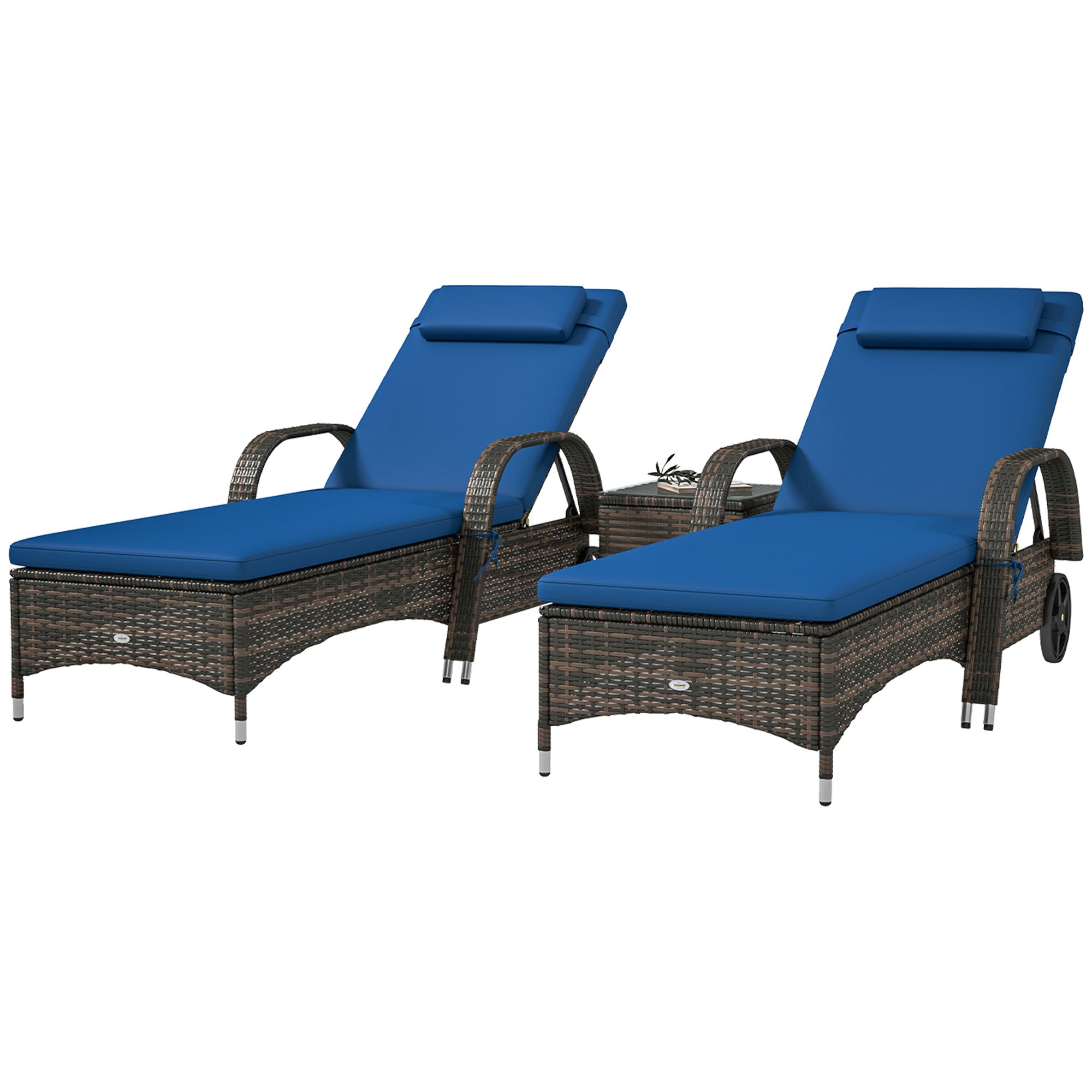 Patio Wicker Chaise Lounge Chair Set of 2 with Table, Adjustable Backrest, Wheels, Cushion & Headrest, Blue