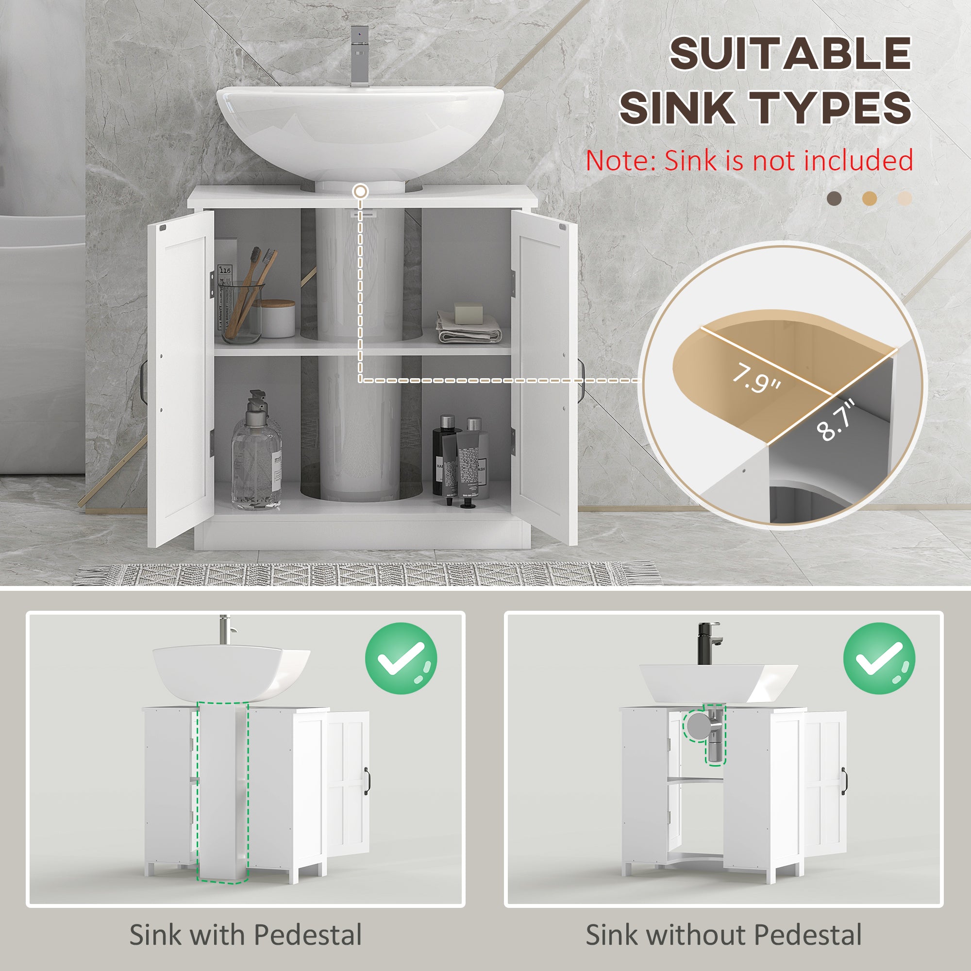 Bathroom Sink Cabinet, Pedestal Sink Cabinet with Adjustable Shelf, White