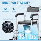 Rolling Shower Wheelchair for Seniors, Bedside Commode Chair with Locking Wheels, Seat, Backrest, Arms, Black