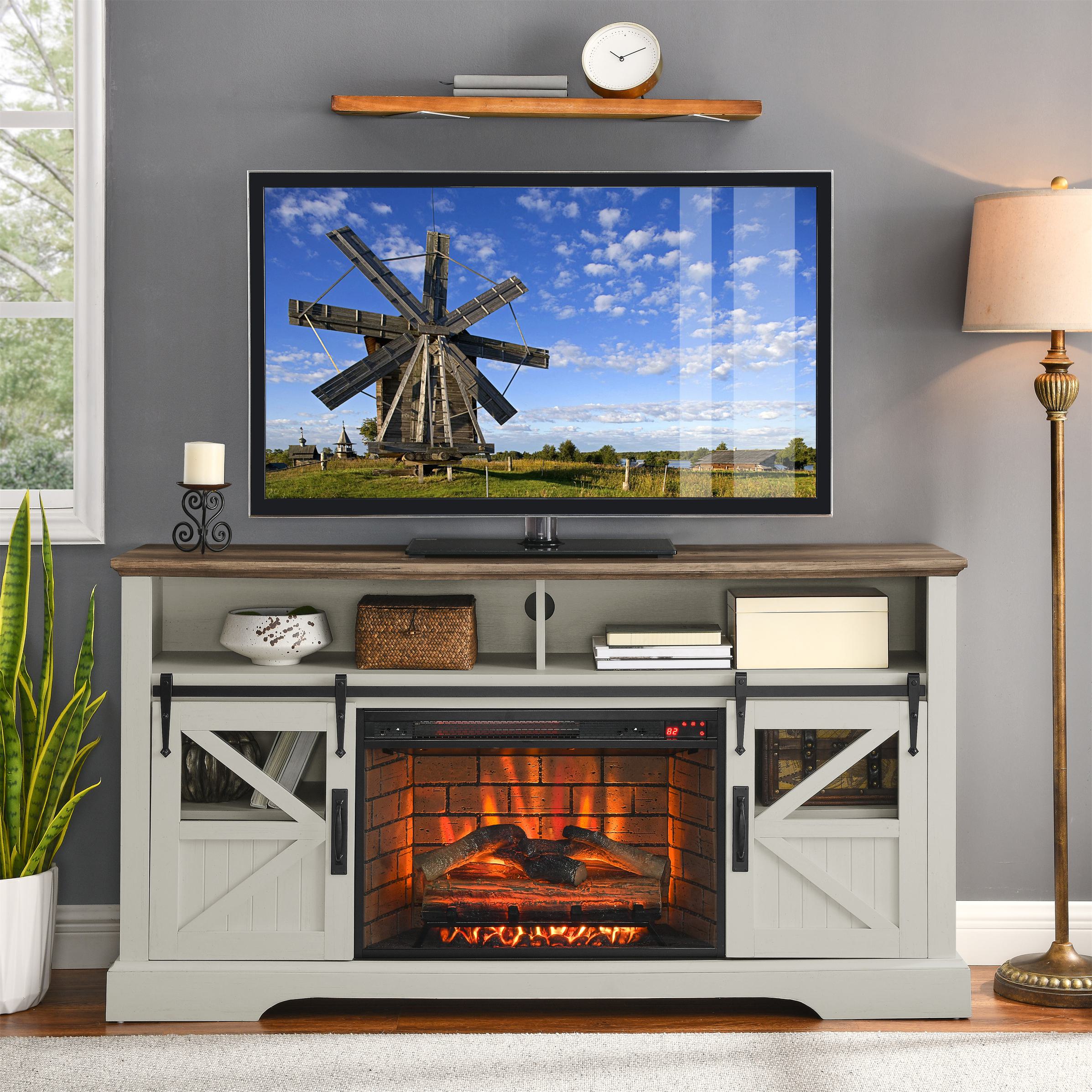 60" Electric Fireplace Entertainment Center with Door Sensor, Adjustable Flame Brightness, Remote Control, 60" L x 16" W x 32" H, White