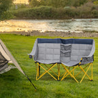 Loveseat Style Camping Chair, Oversized Folding Lawn Chair with Carry Bag & Cup Holders, for Outdoor, Navy Blue & Gray