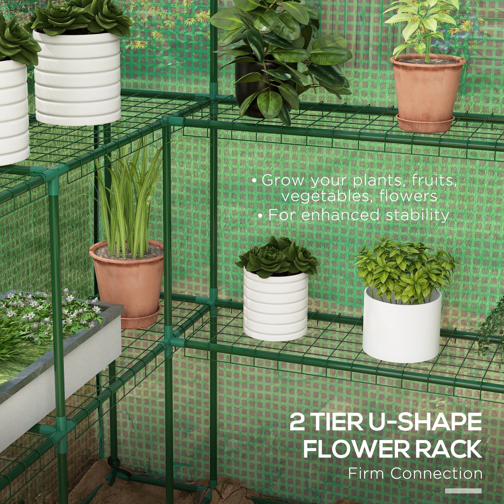 4.6' x 4.7' Portable Greenhouse, Water/UV Resistant Walk-In Small Outdoor Green House with 2 Tier U-Shaped Flower Rack Shelves, Roll Up Door & Windows, Green