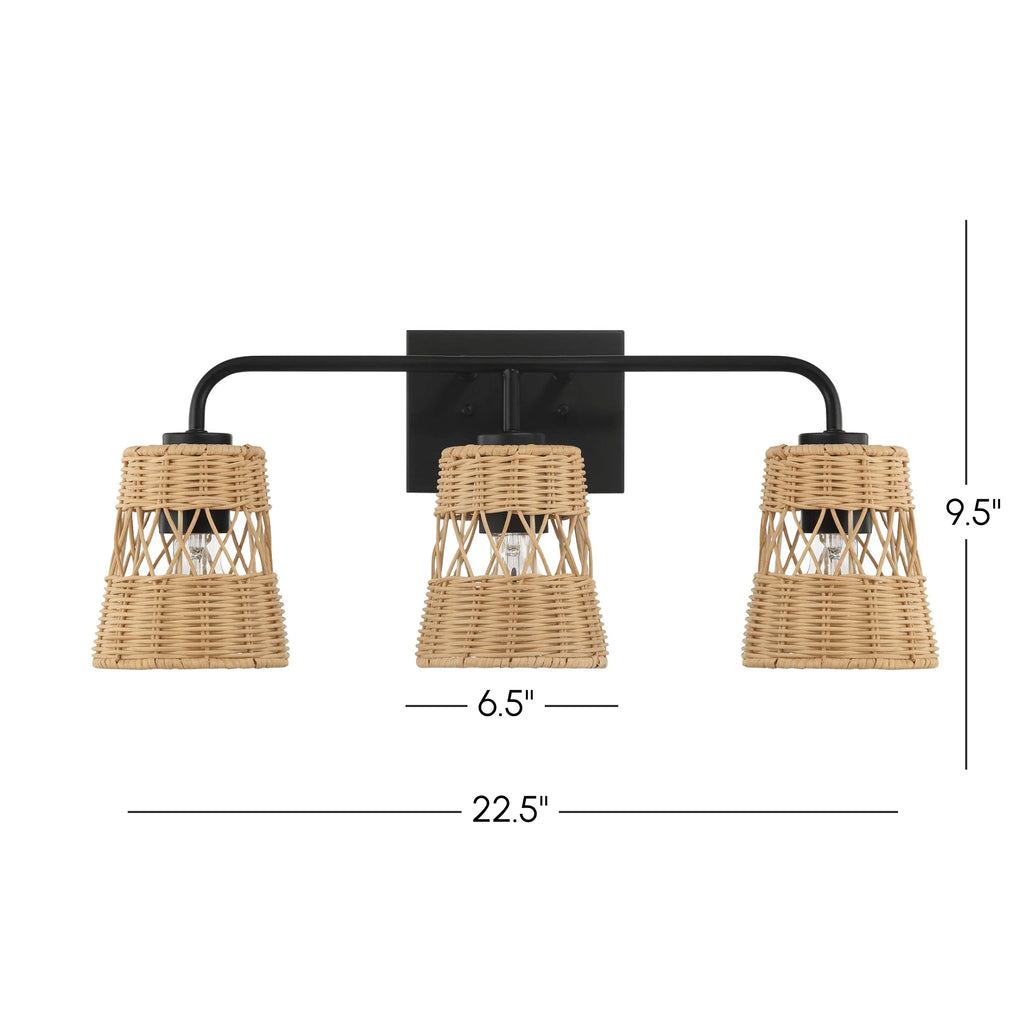 Stylish Three-Light Wall Sconce with Rattan Shade, Metal Finish, Bathroom Lighting Fixture Over Mirror, 6.5" L x 22.5" W x 9.5" H, Black