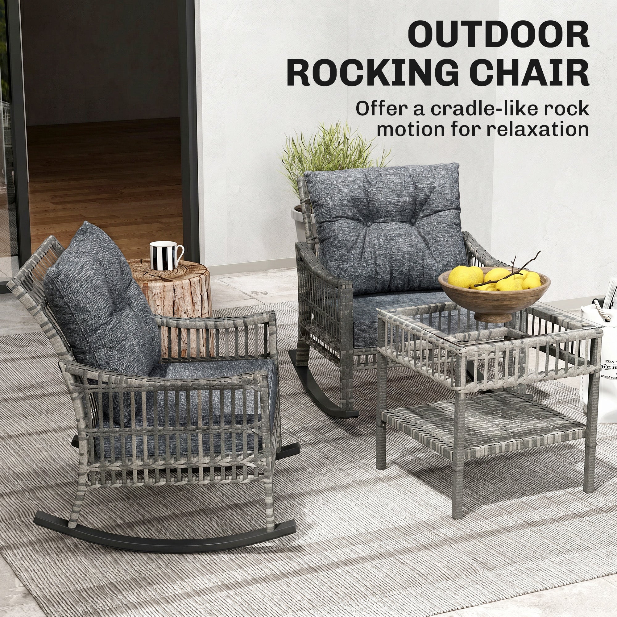 3 Piece Outdoor PE Rattan Rocker Chair Set, Rocking Chair with Tempered Glass Table Top, Gray