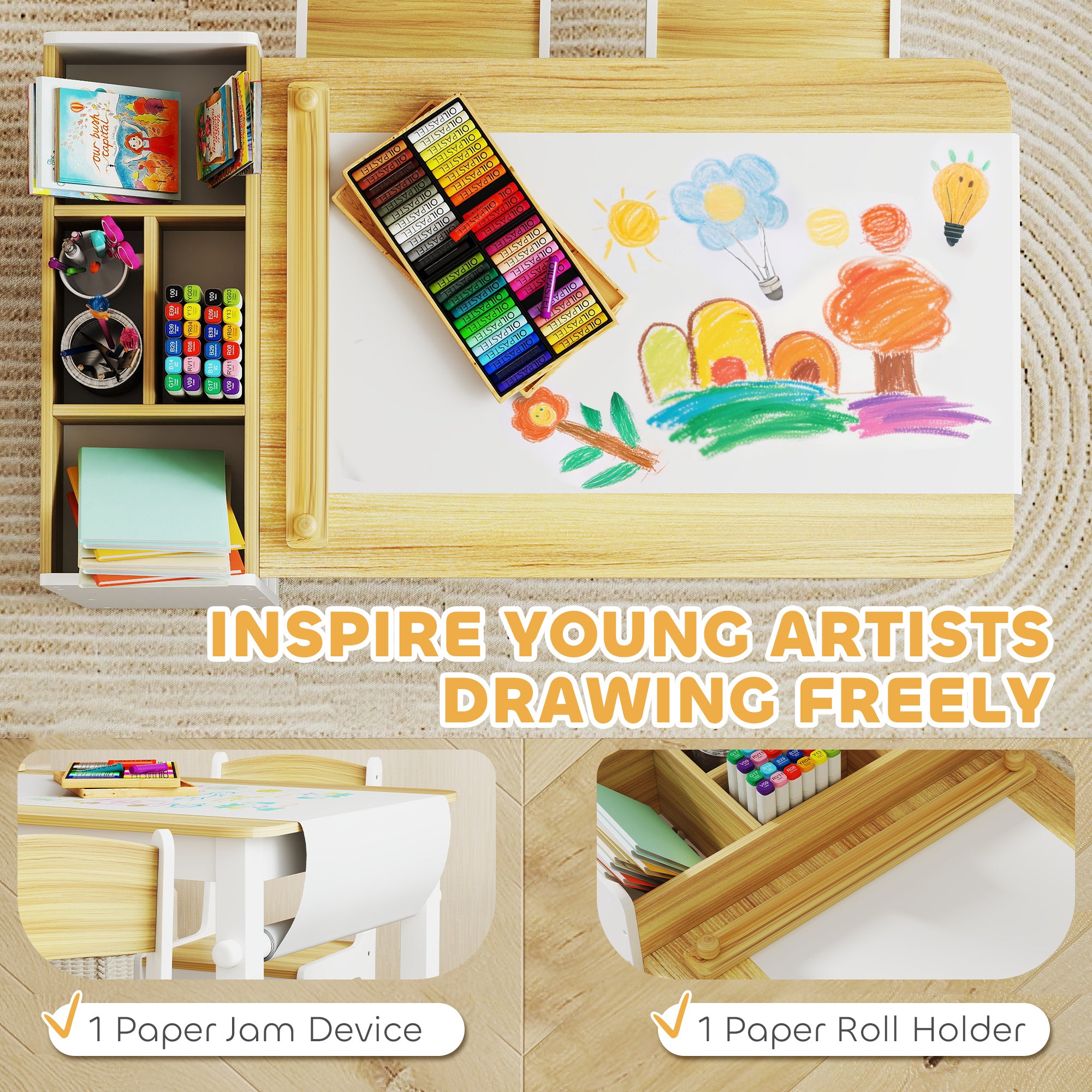 Kids Desk and Chair Set with Paper Roll, Kids Activity Craft Table with Storage Shelves and Drawers, Natural Wood