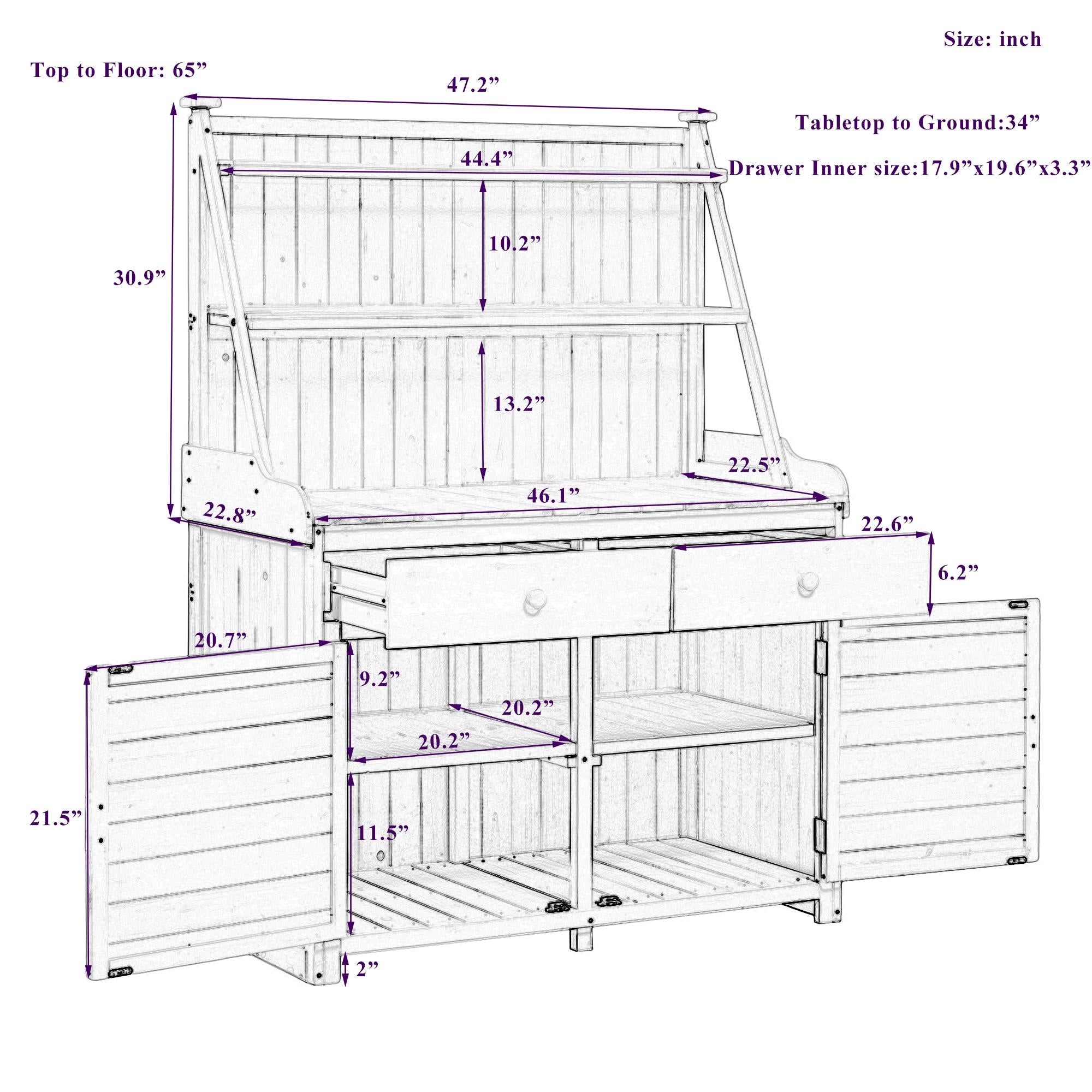 Garden Potting Bench Table with Cabinet, Drawer & Shelf, Fir Wood Outdoor Workstation for Garden & Patio, 47'' L x 23'' W x 65'' H, Brown