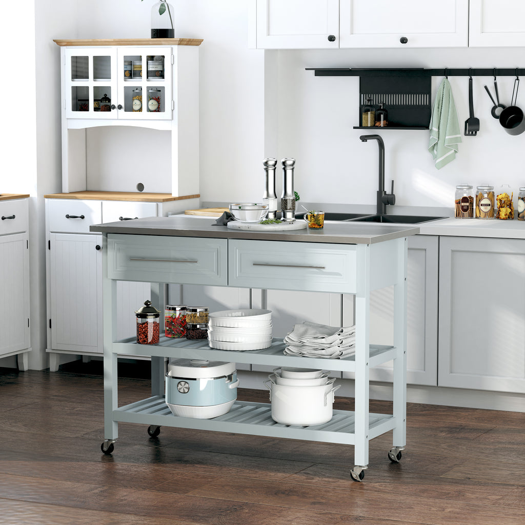 Kitchen Island with Stainless Steel Top, Traditional Kitchen Island with Storage, Butcher Block Cart 2-Tier Open Shelves, Drawers, Light Gray