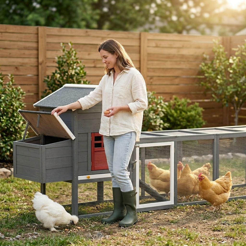 118" Extra Large Chicken Coop with Asphalt Roof, Wooden Hen Run with Slide-Out Tray and Nesting Box, Chicken Hutch for 3-6 Chickens, Gray