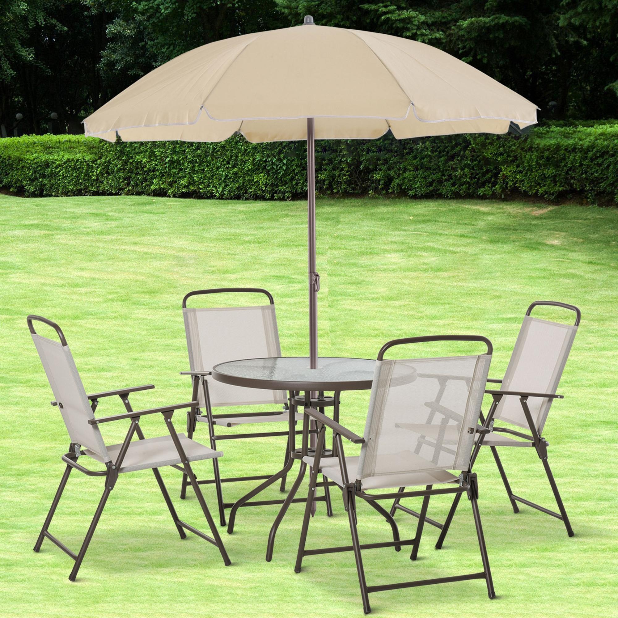 6 Piece Patio Dining Set for 4 with Umbrella, Outdoor Table and Chairs with 4 Folding Dining Chairs & Round Glass Table for Garden, Backyard and Poolside, Beige