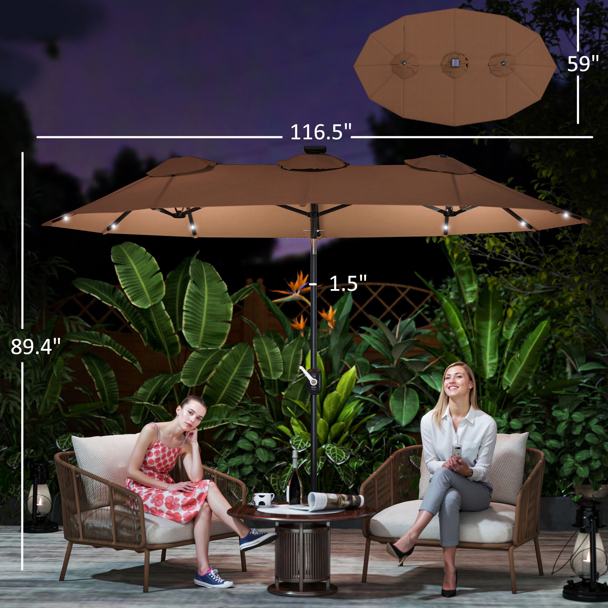 Double-sided Patio Umbrella, 9.7 ft. Outdoor Umbrella with 45-Degree Tilt and Crank, LED Solar Light and 12 Ribs, Coffee