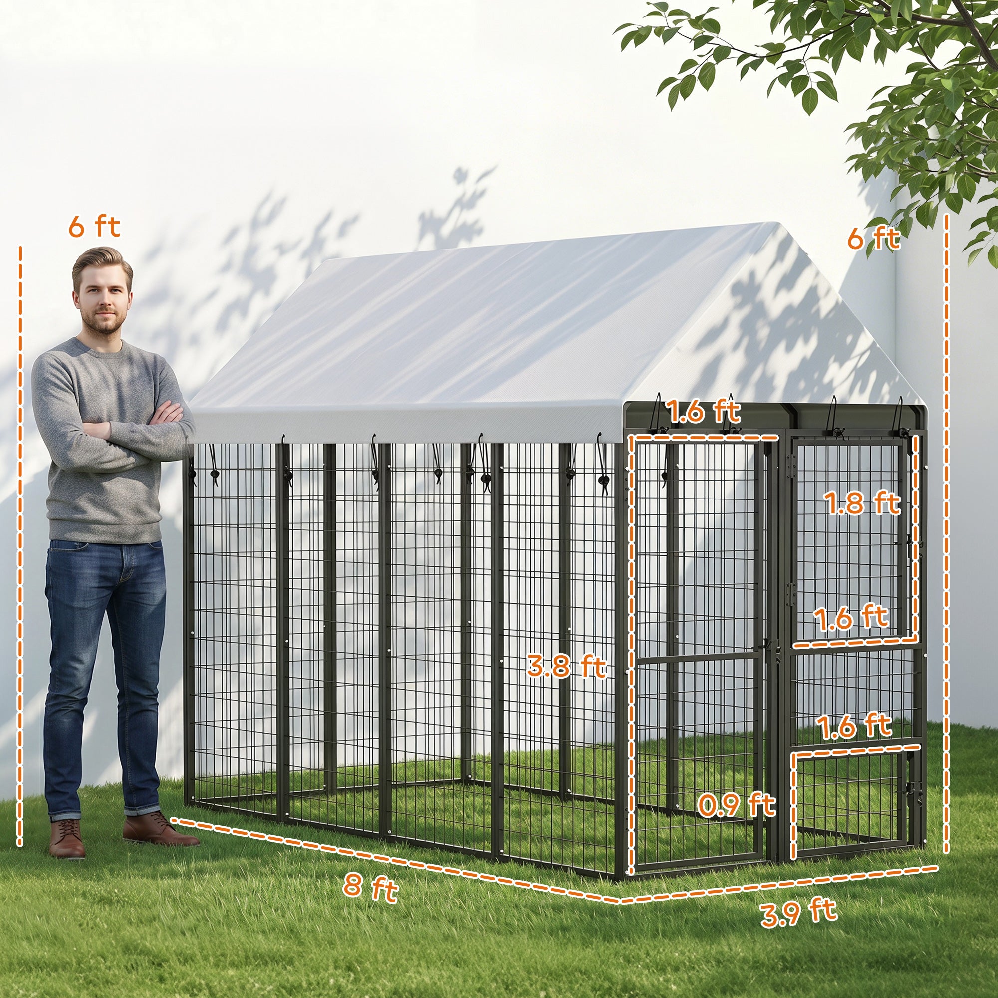 Large Dog Kennel Outdoor with Roof, 3 Doors, Expandable Heavy Duty Dog Kennel Dog Run for All Breed Sizes, 8' x 4' x 6'