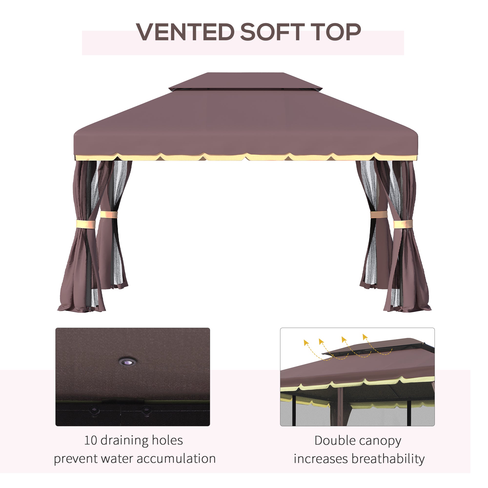 10' x 13' Patio Gazebo, Aluminum Frame Double Roof Outdoor Gazebo Canopy Shelter with Netting & Curtains, Coffee