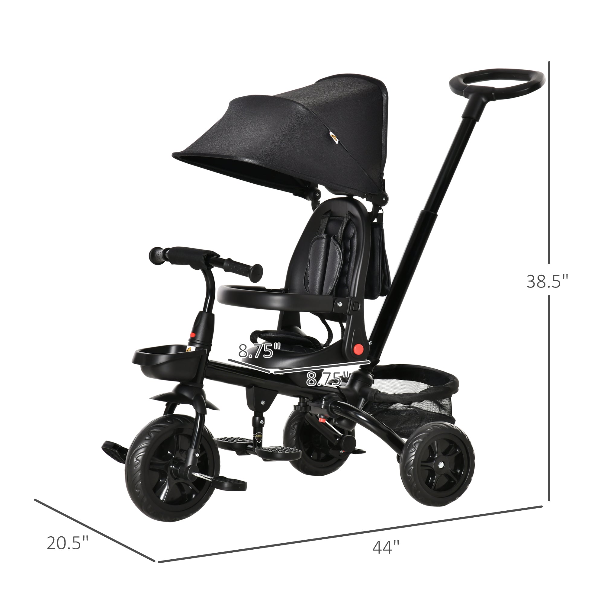 Kids Tricycle, 5 in 1 Foldable Trike with Reversible Seat, Adjustable Parent Handle, Safety Harness, Wheel Brakes, Removable Canopy, Storage, Tricycle for Toddlers 1-5 Years, Black