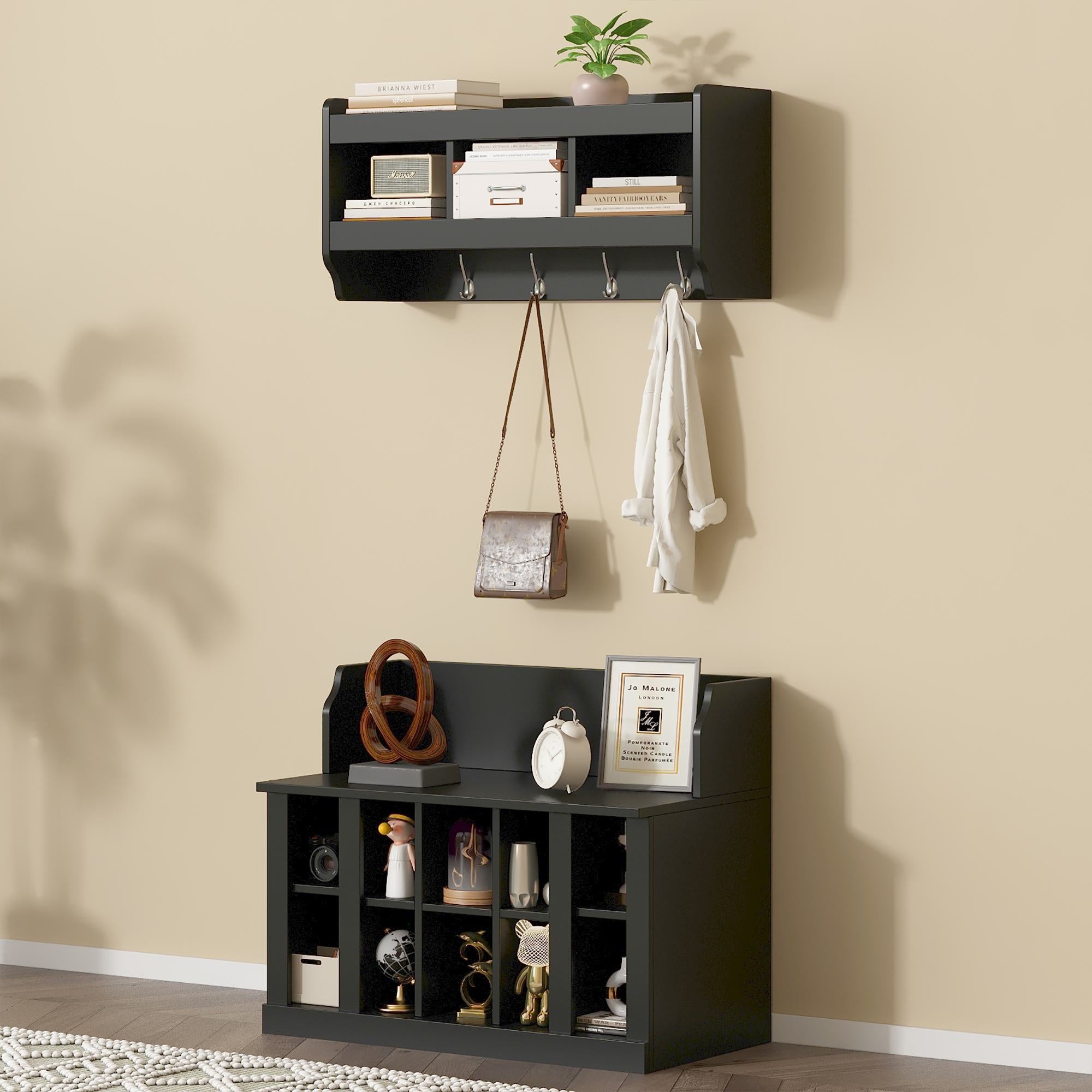 Shoe Cabinet Storage with Shelves and 4 Hooks, Elegant Hall Tree with Wall Mounted Coat Rack, Entryway Organizer for Hallway, Mudroom, Black