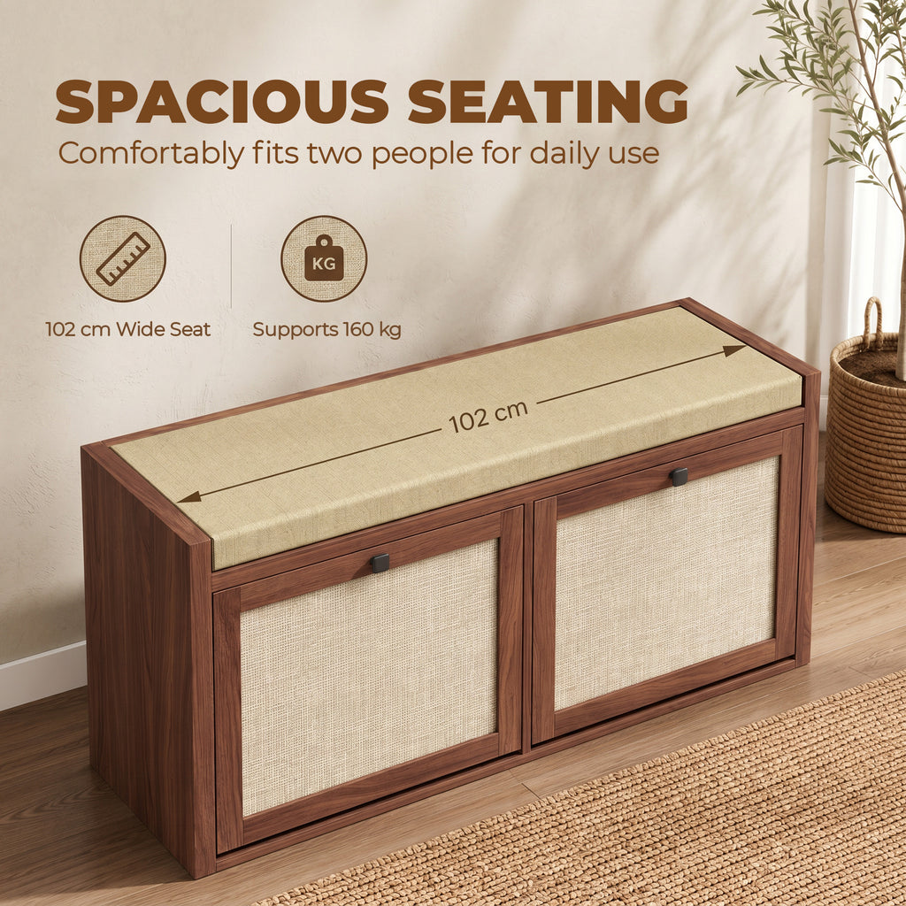 Shoe Storage Bench with Padded Seat, Shoe Storage Bench 2 Rattan Doors for Entryway, Brown