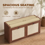 Shoe Storage Bench with Padded Seat, Shoe Storage Bench 2 Rattan Doors for Entryway, Brown