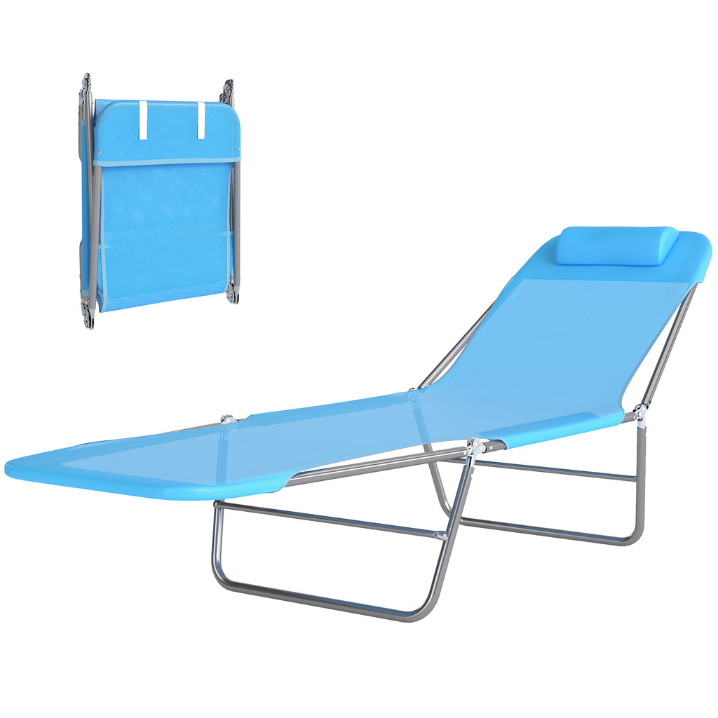 Folding Chaise Lounge Pool Chairs, Outdoor Sun Tanning Chairs with Pillow, Reclining Back, Steel Frame & Breathable Mesh for Beach, Yard, Patio, Blue
