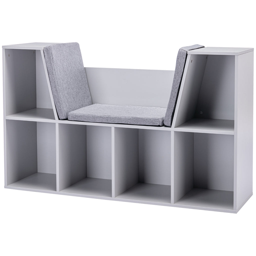 6-Cubby Kids Bookcase with Reading Nook and Cushion, Multi-Purpose Storage Organizer for Bedroom, Living Room, Grey