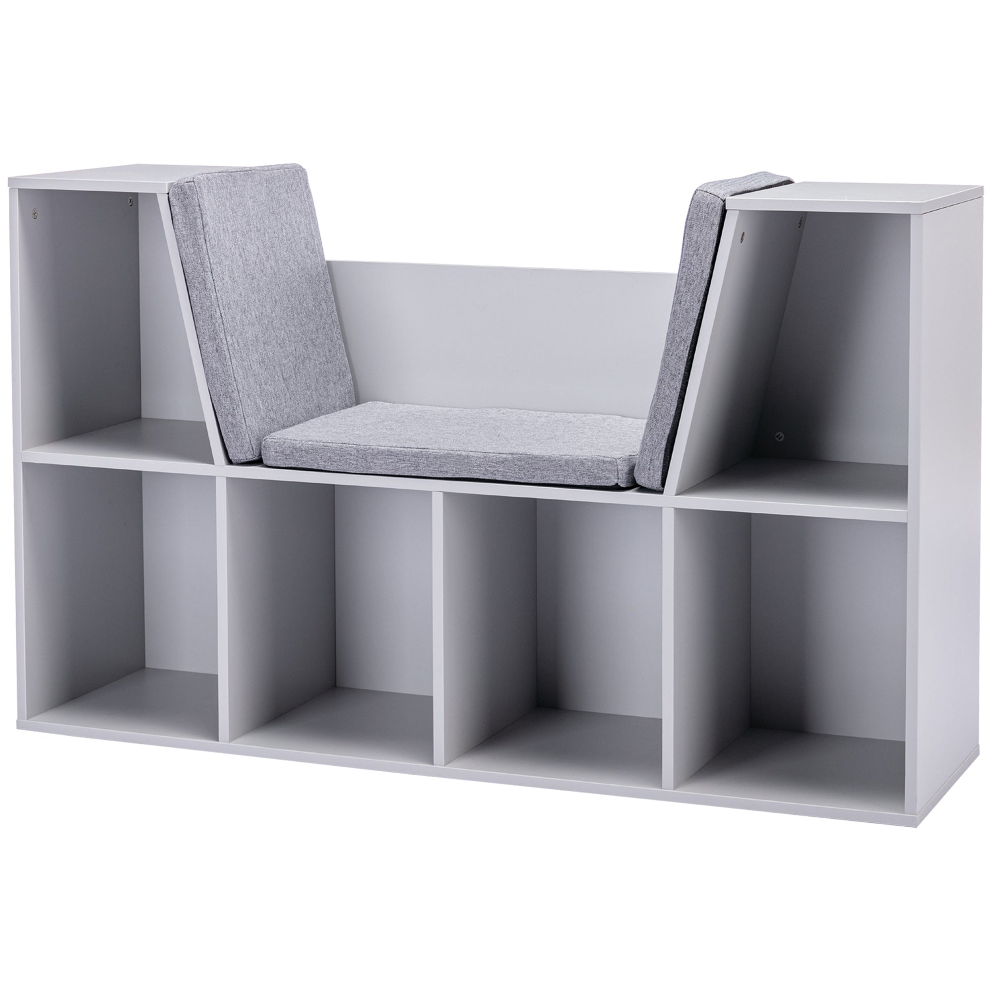 6-Cubby Kids Bookcase with Reading Nook and Cushion, Multi-Purpose Storage Organizer for Bedroom, Living Room, Grey