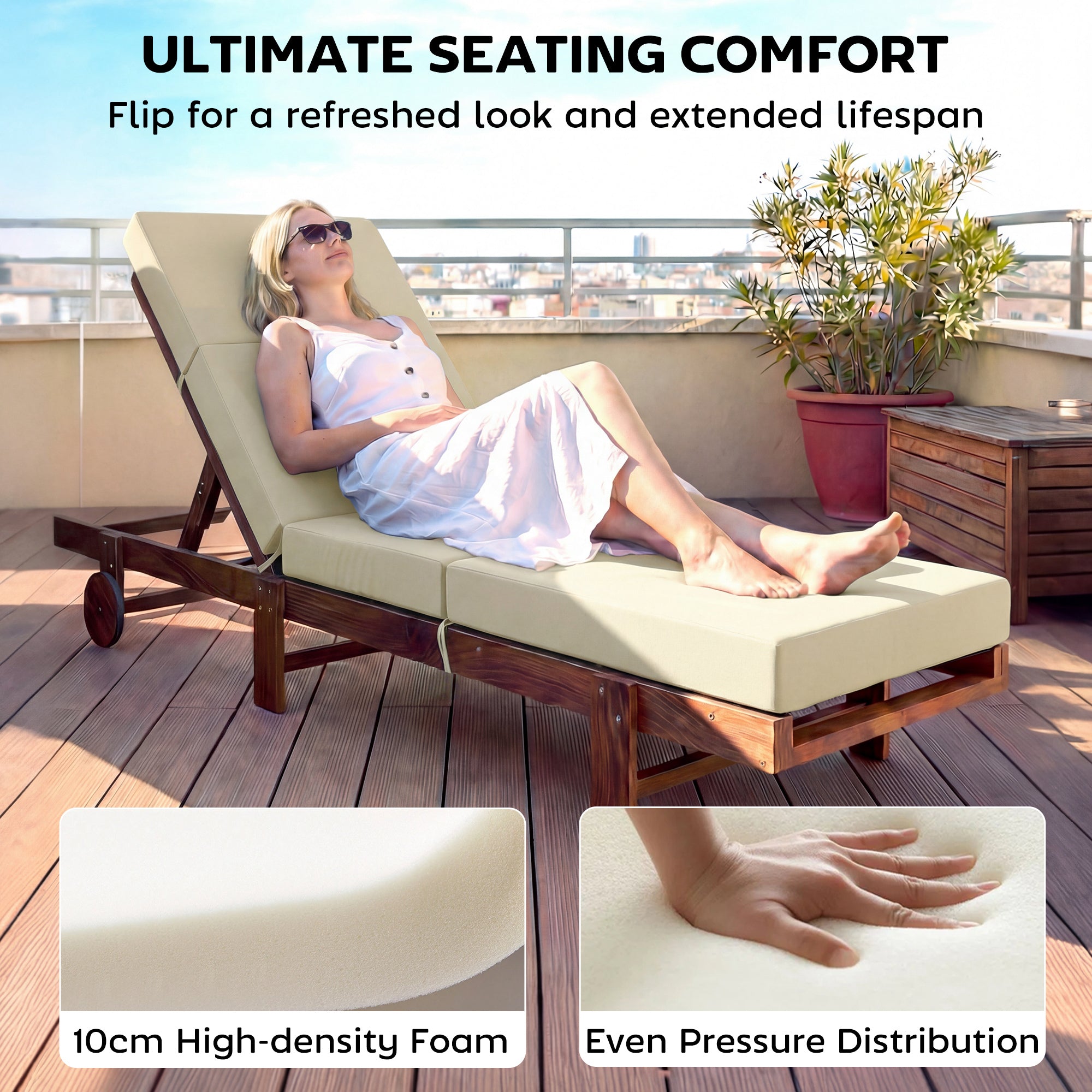 Chaise Lounge Cushion, 4" Thick Outdoor Lounge Chair Cushions with Ties for Patio, 26" x 80", Cream White